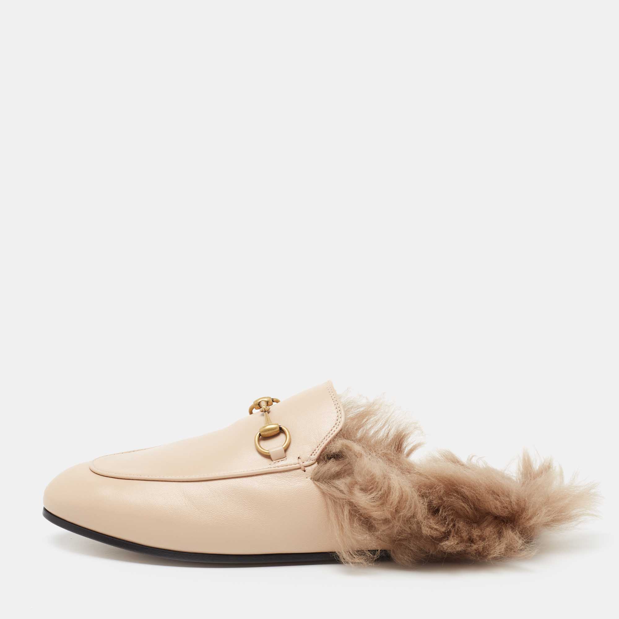 Pre Owned Gucci Cream Leather And Fur Princetown Horsebit Mules Size 39.5