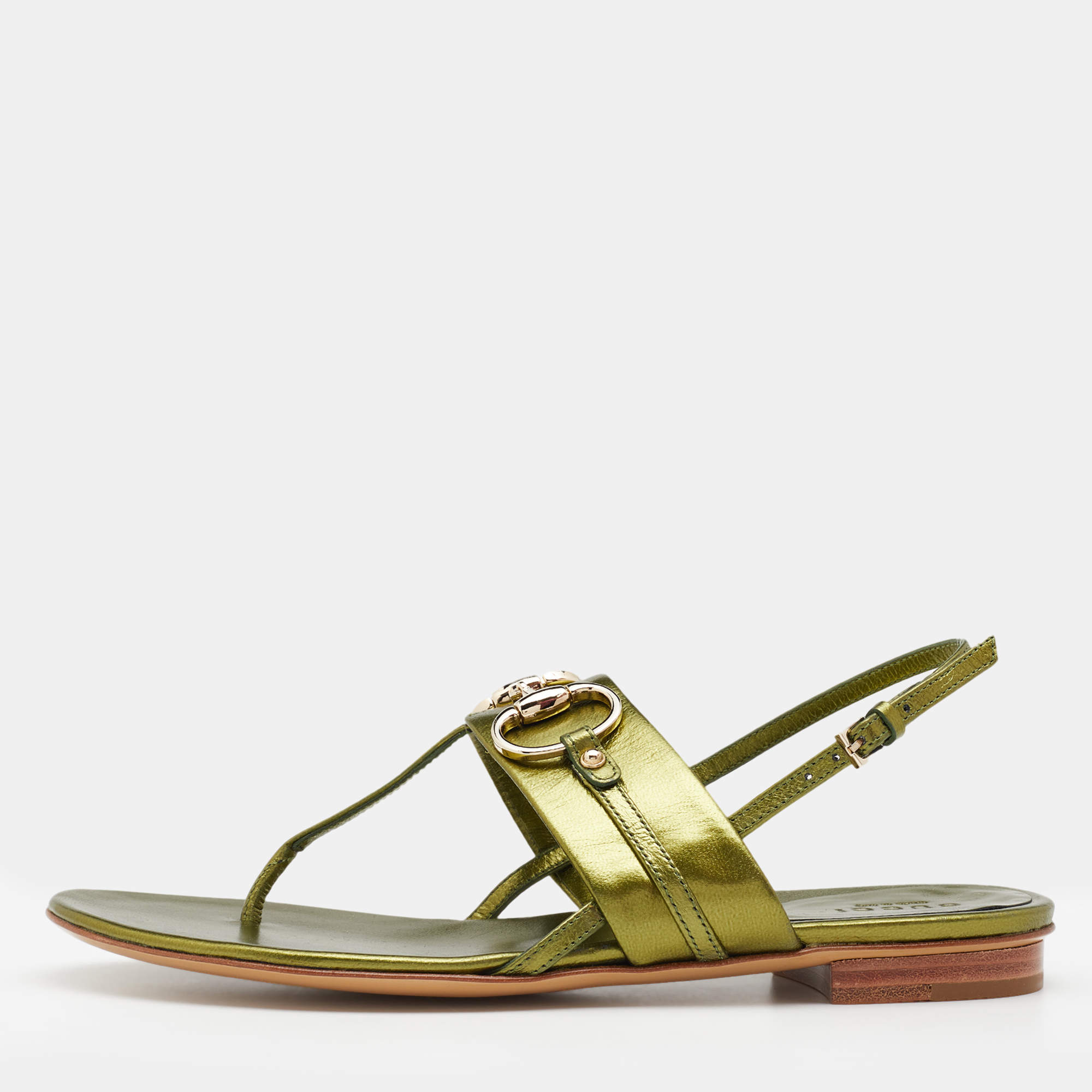 Gucci Metallic Green Leather Horsebit Thong Sandals Size 36 Gucci | The ...