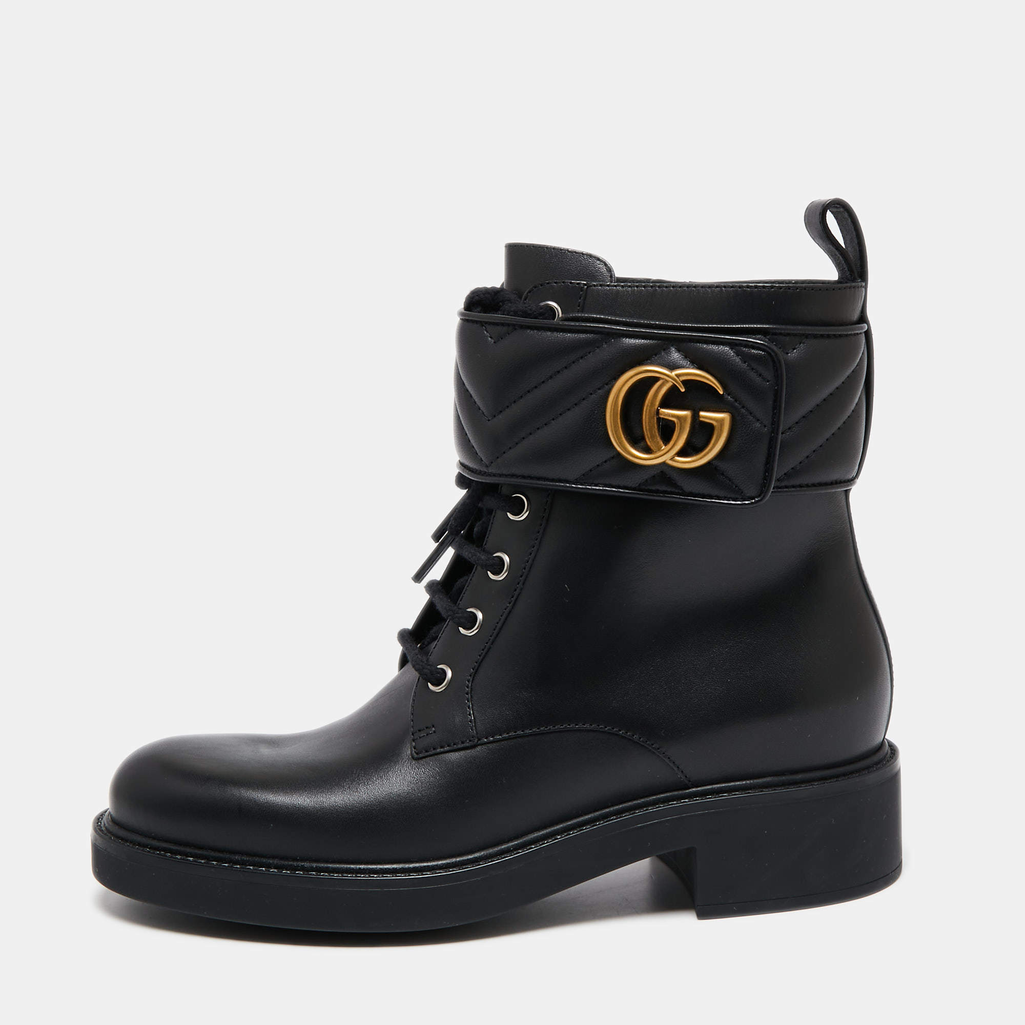 Pre Owned Gucci  Black Leather Double G Ankle Boots Size 38