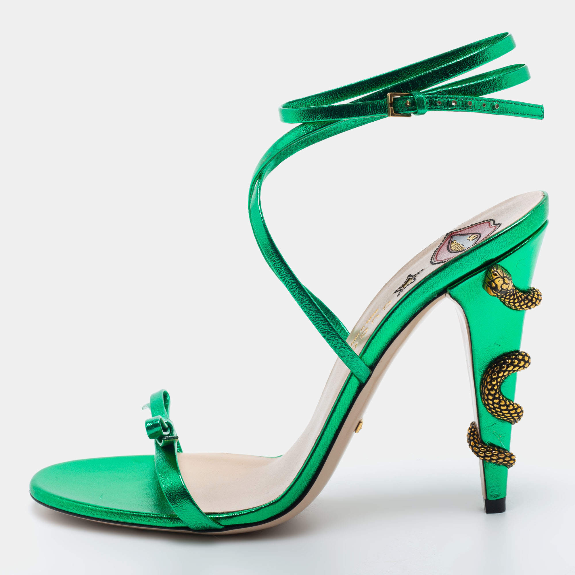 Gucci Green Leather Kingsnake Heel Ankle Wrap Sandals Size 40 Gucci ...