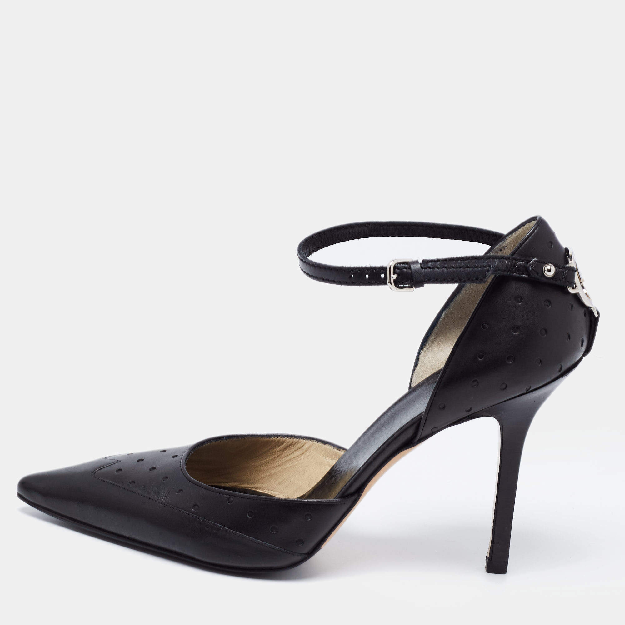 Pre Owned Gucci Black Leather Interlocking G Ankle Strap Sandals Size 38