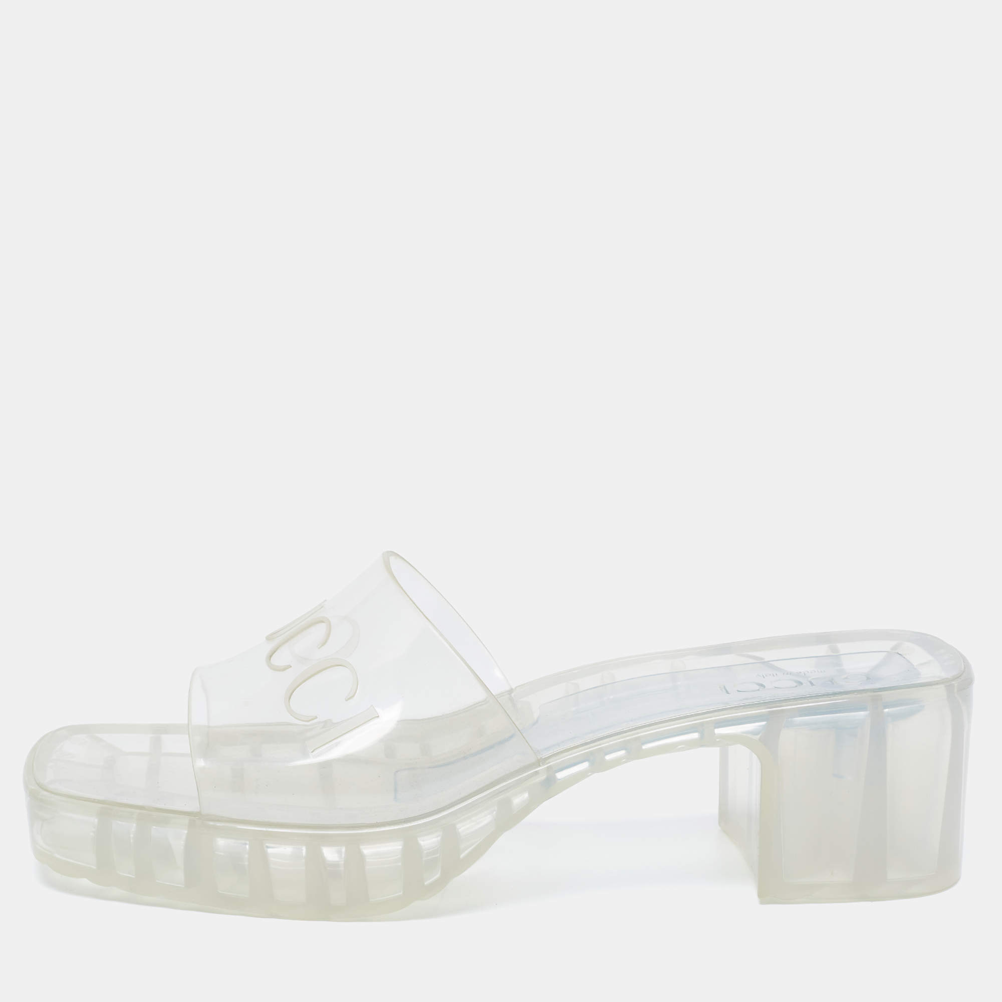 Pre Owned Gucci White PVC Logo Slide Sandals Size 40