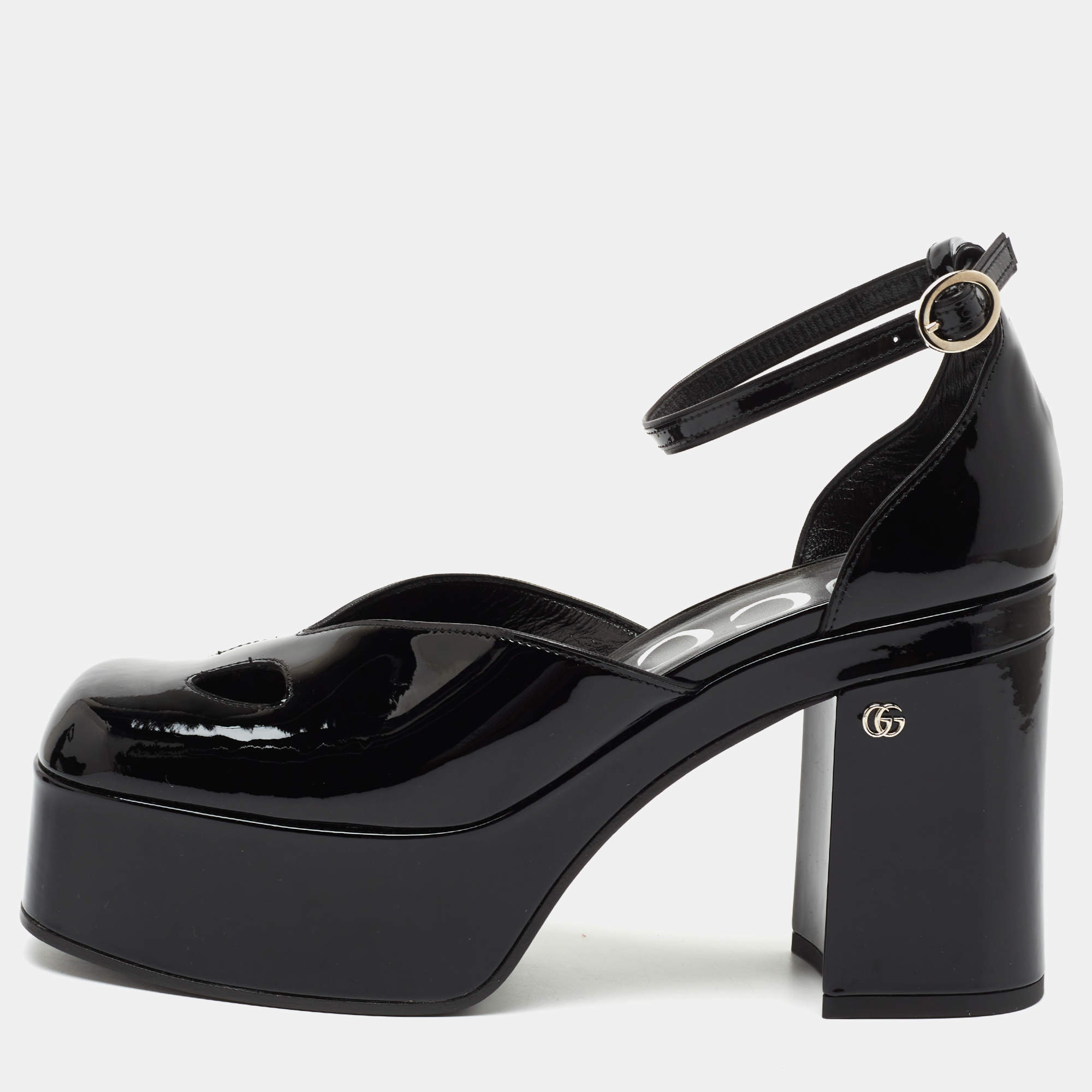 Pre Owned Gucci Black Patent Leather Marvin Ankle Strap Pumps Size 38.5