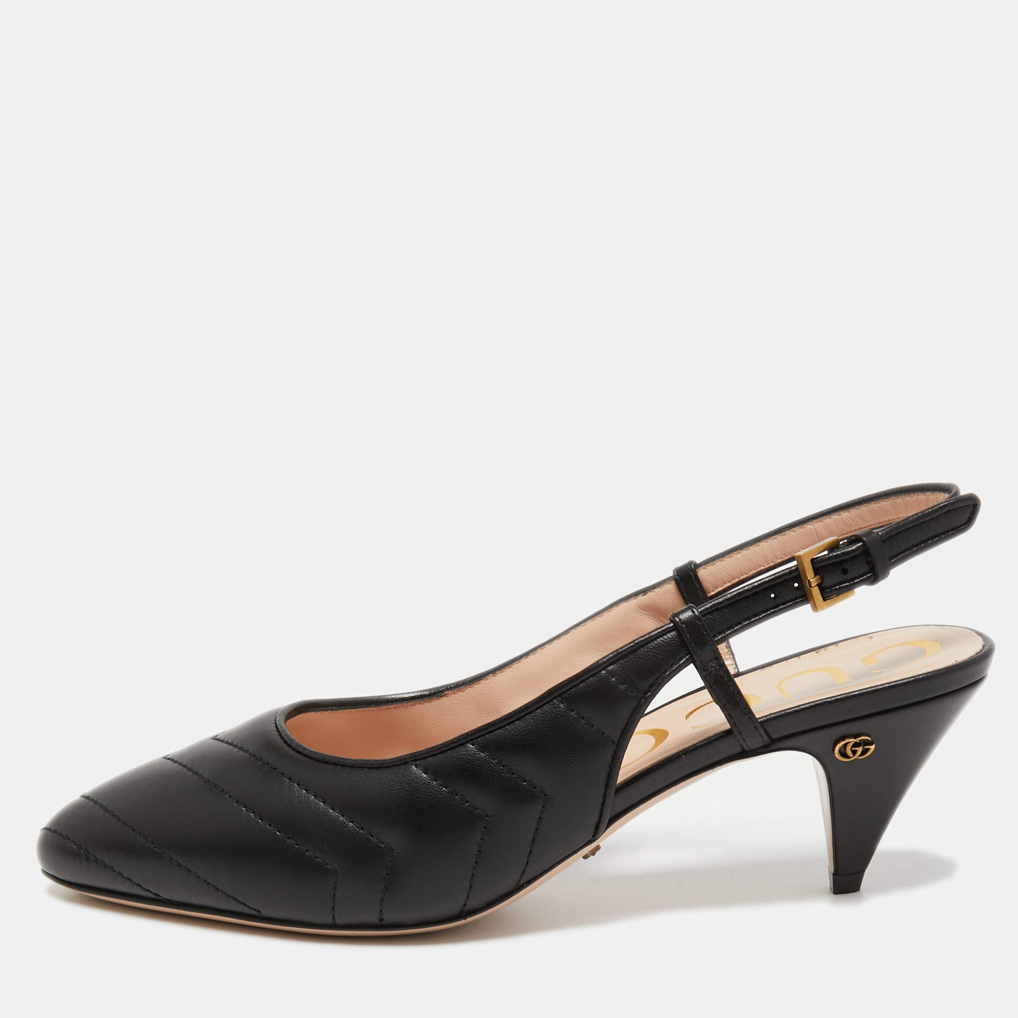 Pre Owned Gucci Black Matelasse Leather Slingback Pumps Size 37.5