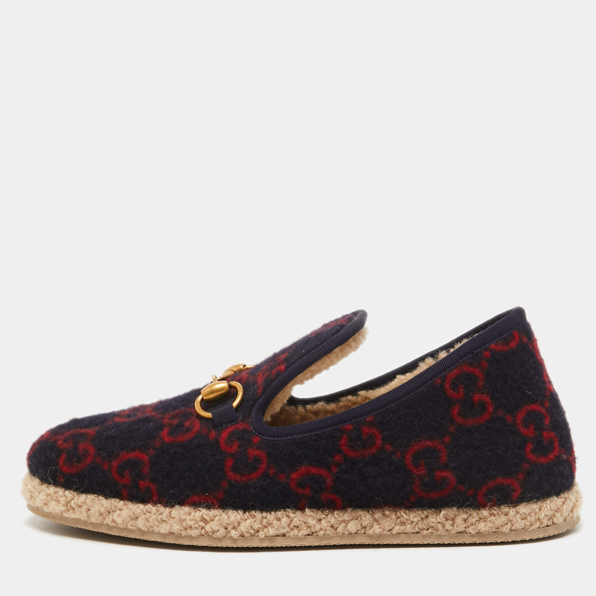 Gucci Navy Blue/Red GG Felt Horsebit Fria Espadrille Flats Size 37.5