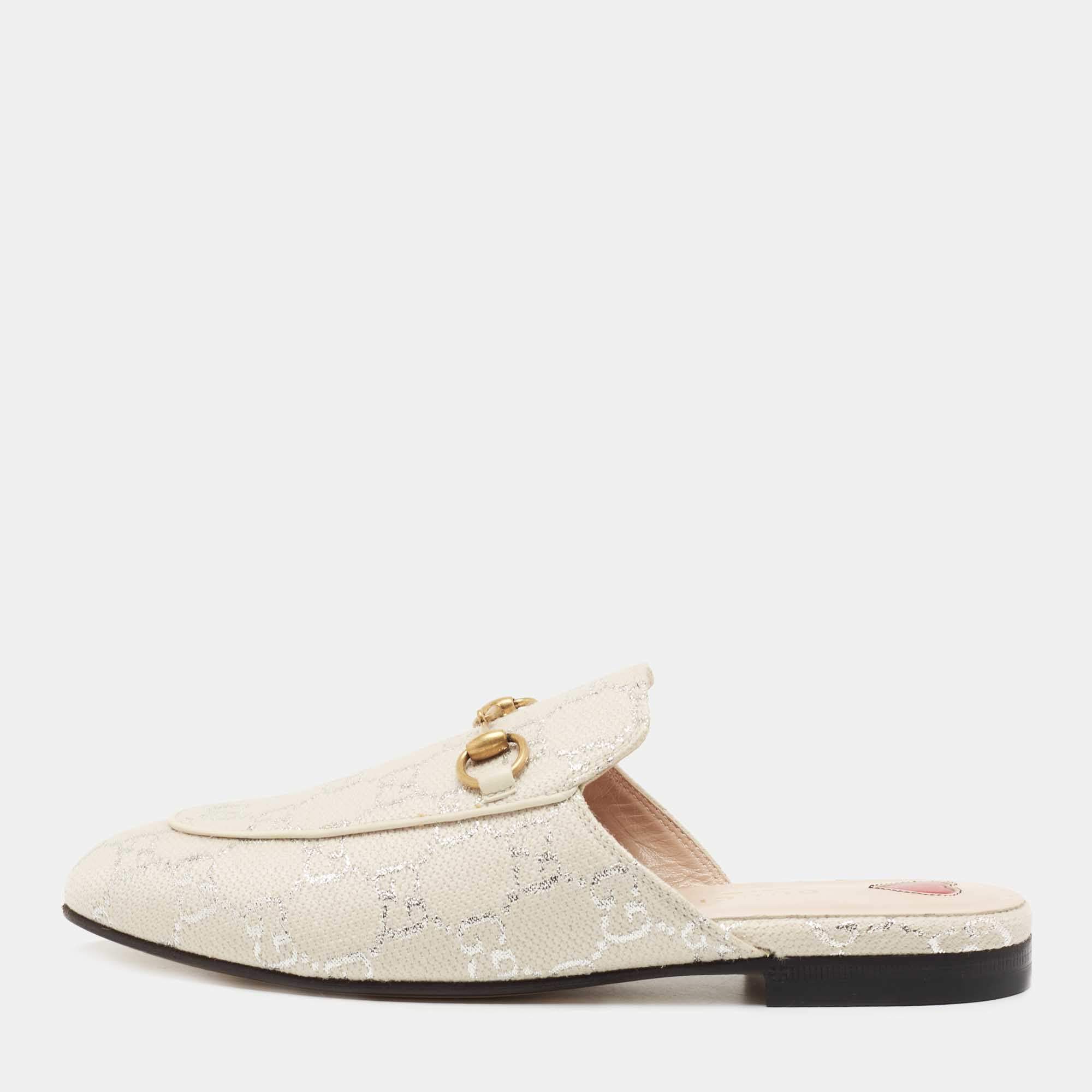 Gucci Grey/Silver Canvas Princetown Mules Size 37 