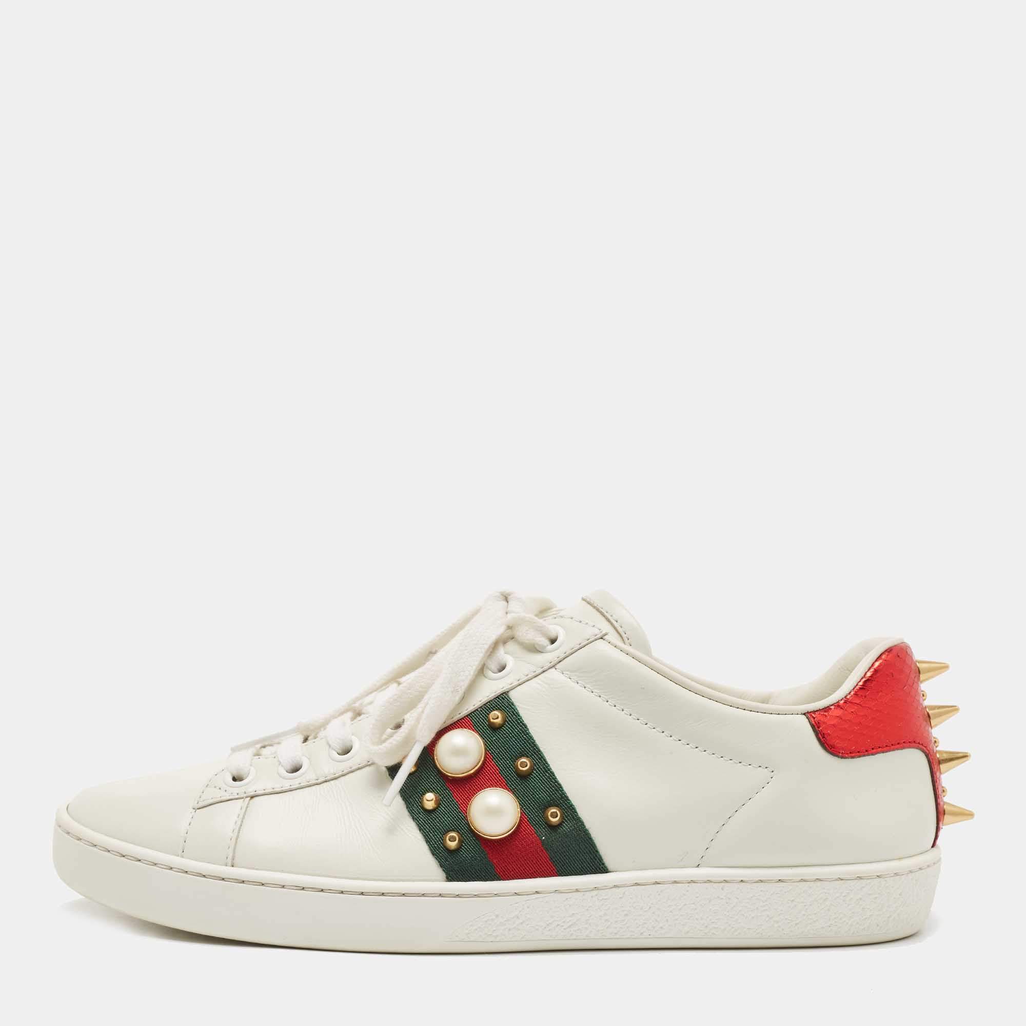 Gucci White Leather Ace Web Faux Pearl Embellished Low Top Sneakers Size 37