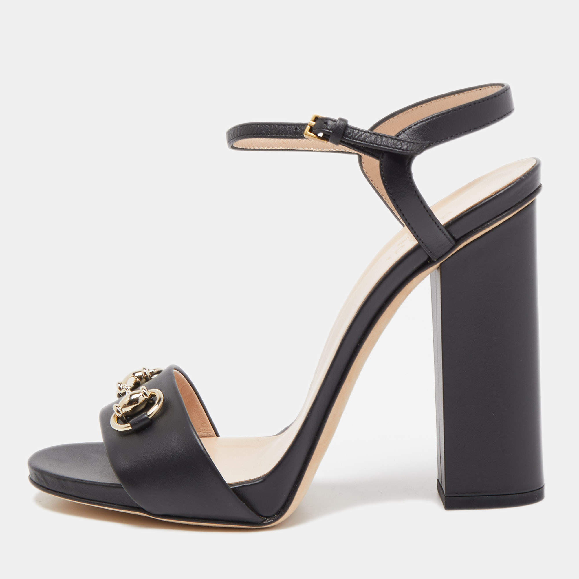 Gucci Black Leather Claudie Horsebit Black Heel Ankle Strap Sandals Size 39.5