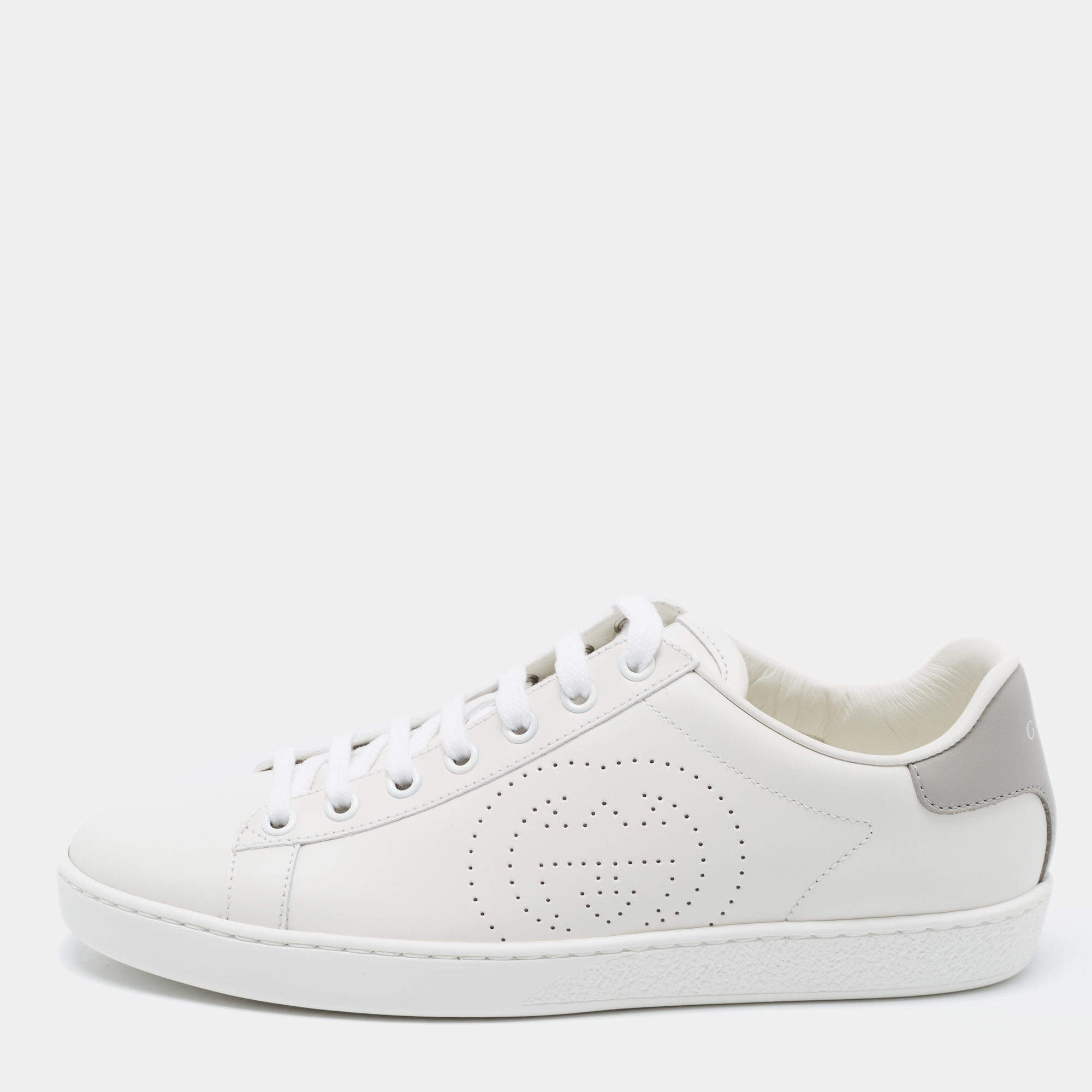 Gucci White Perforated Interlocking G Leather Ace Low Top Sneakers Size 38