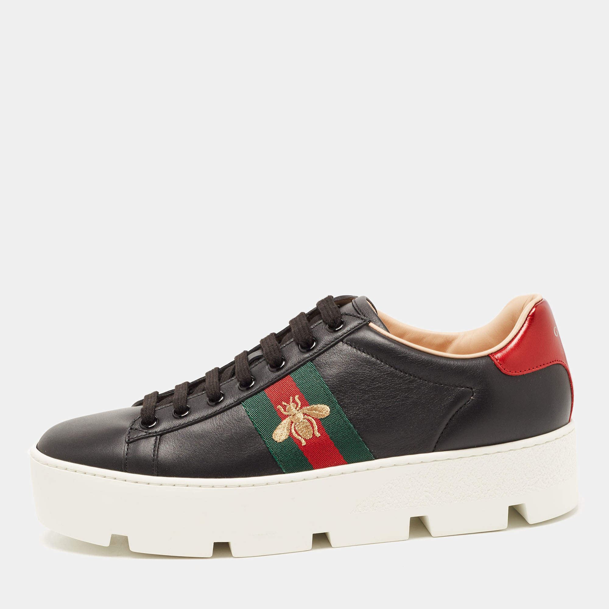 Gucci Black Leather Ace Lace Up Sneakers Size 38.5