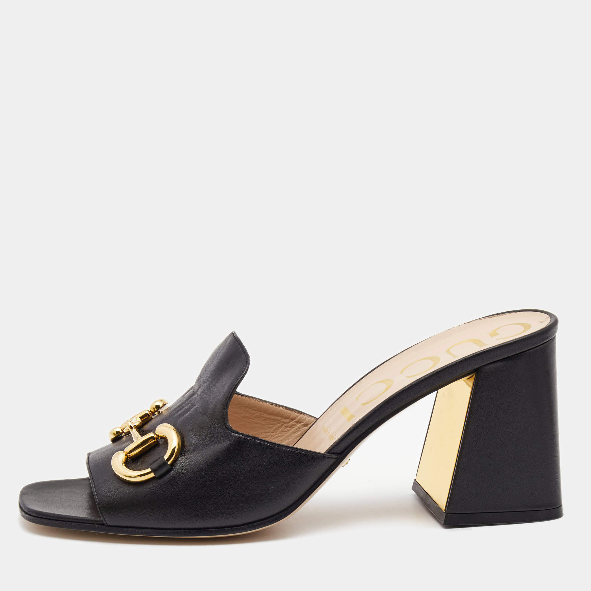 Gucci Black Leather Horsebit Block Heel Slide Sandals Size 42