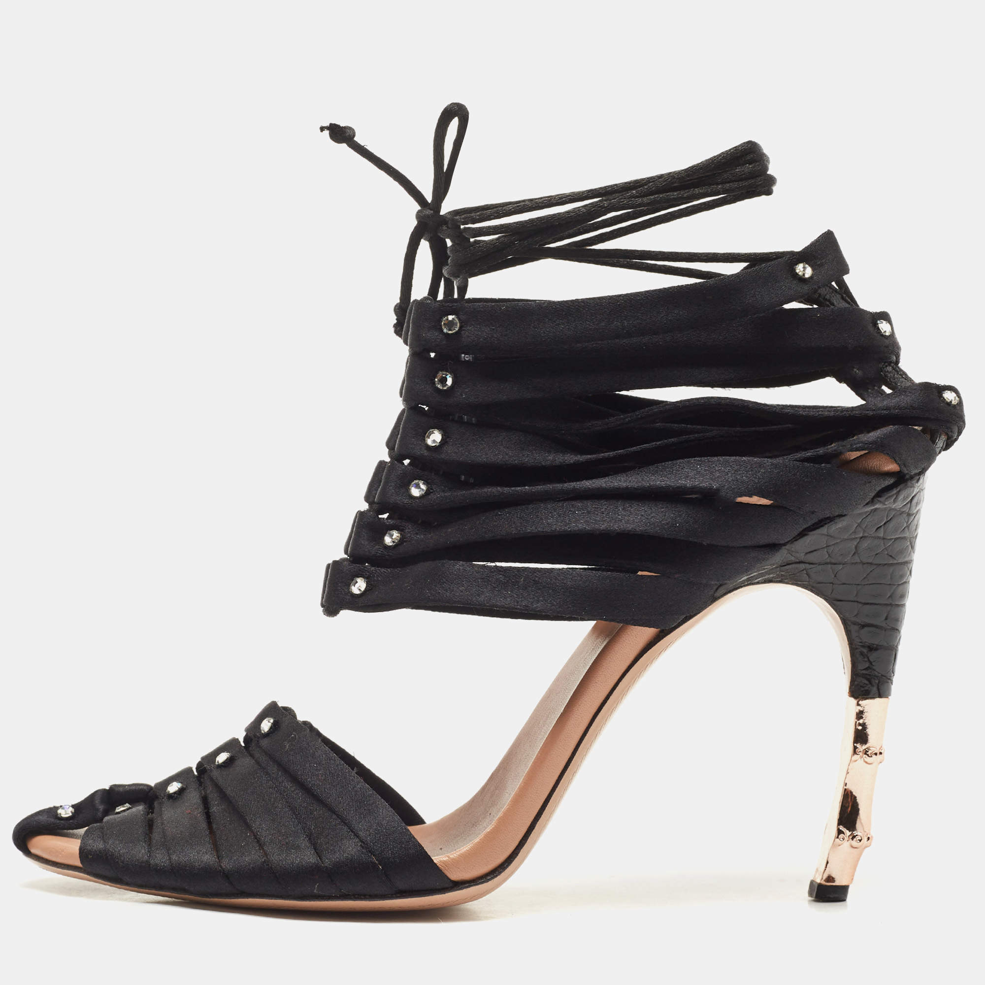 Pre Owned Gucci Black Satin Studded Strappy Ankle Tie Sandals Size 37.5