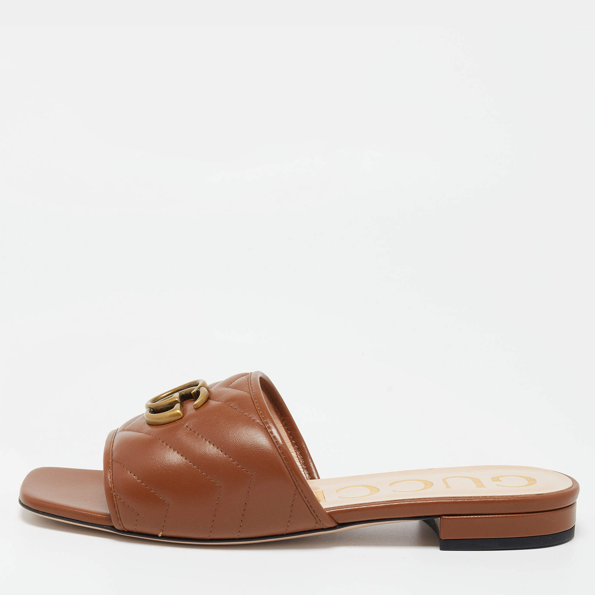 Pre Owned Gucci Brown Leather Jolie Mules Size 38.5