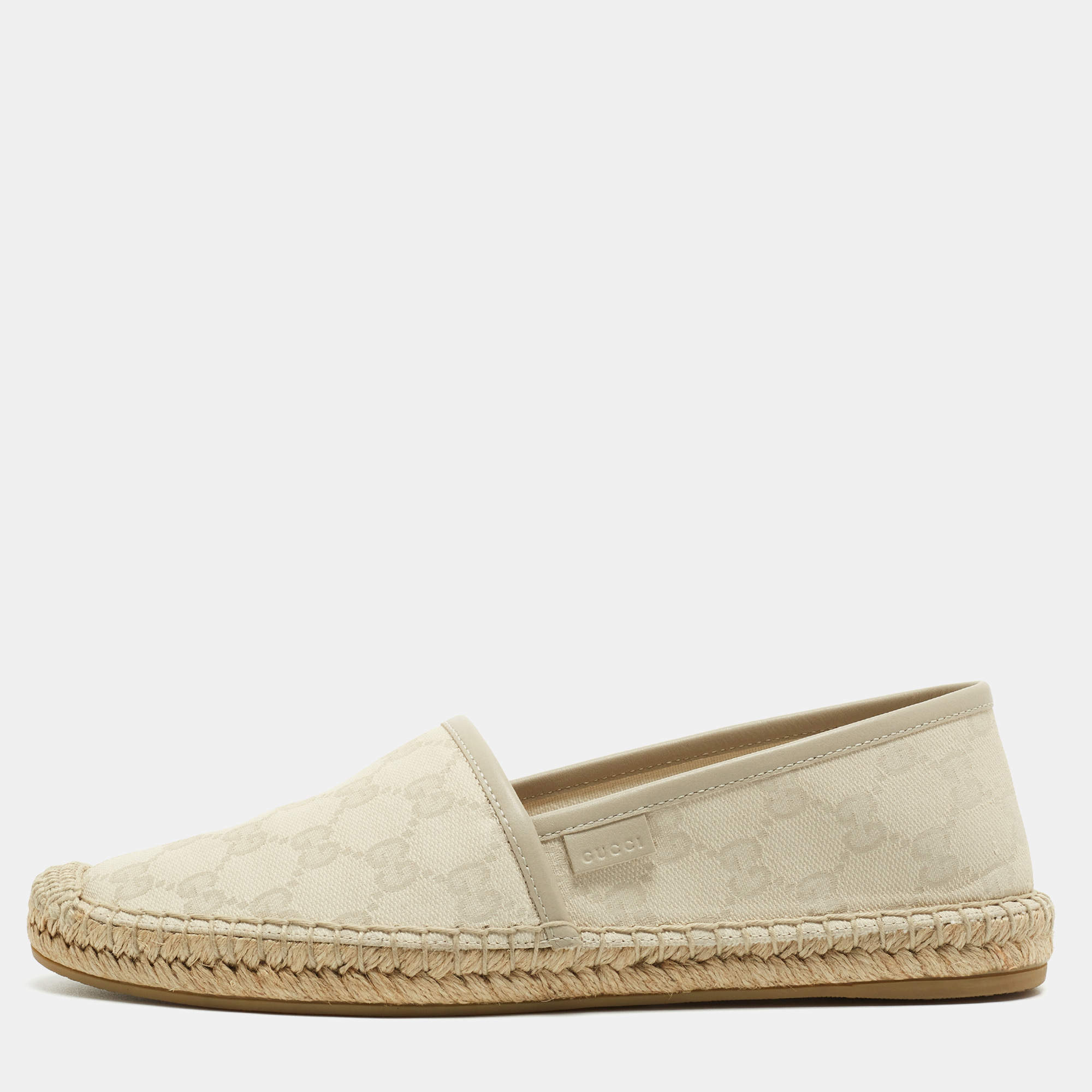 Pre Owned Gucci Cream/Grey GG Leather And Canvas Espadrille Flats Size 38
