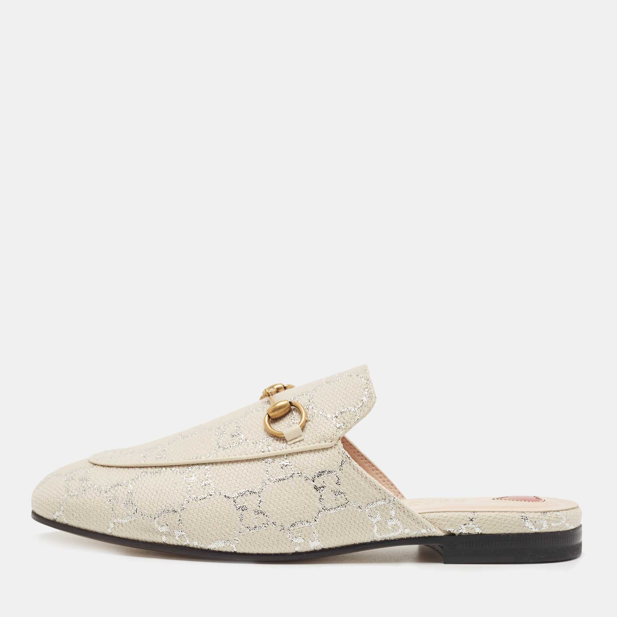 Gucci Grey Canvas Princetown Horsebit Mules Size 37