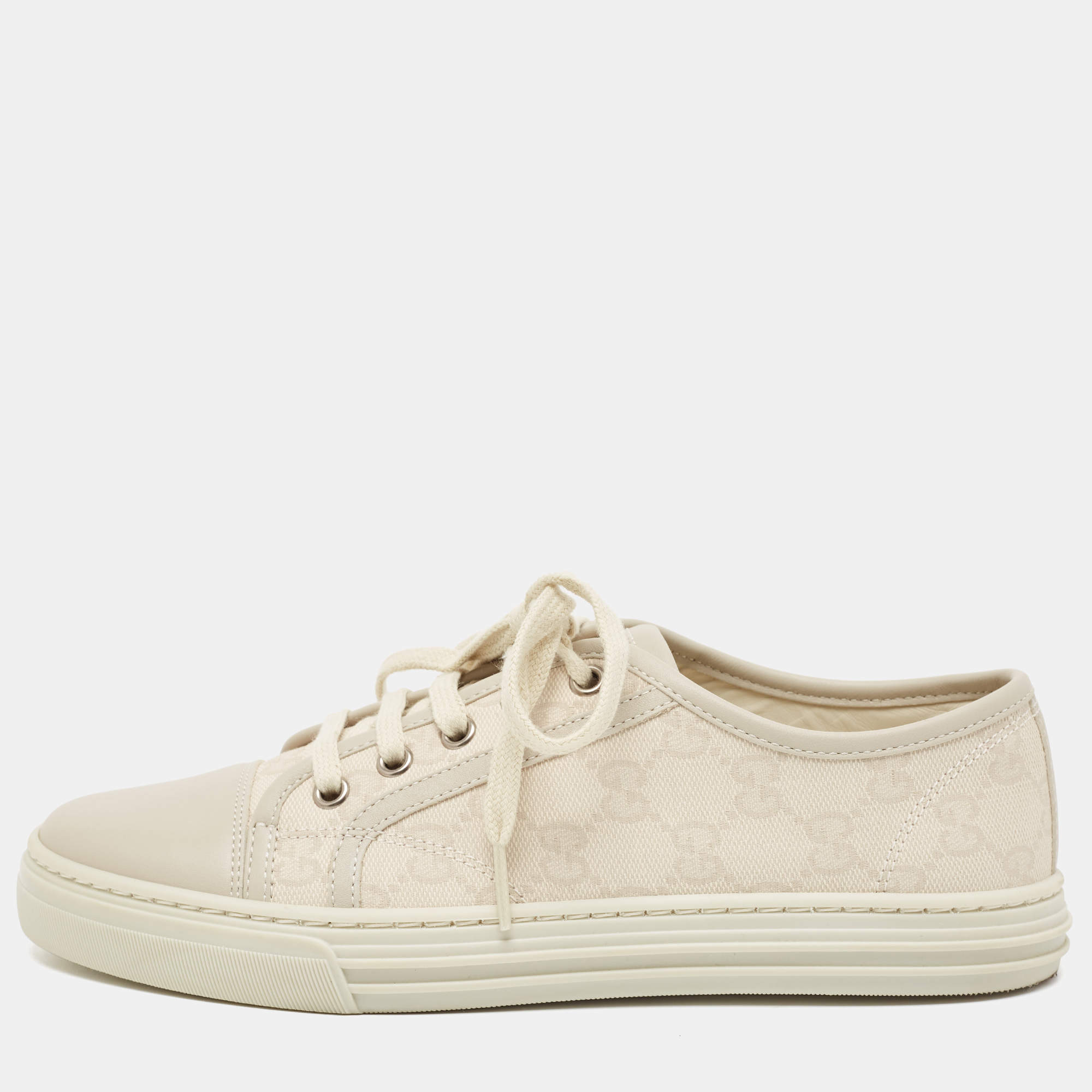 Gucci Cream/Grey GG Canvas and Leather Low Top Sneakers Size 37