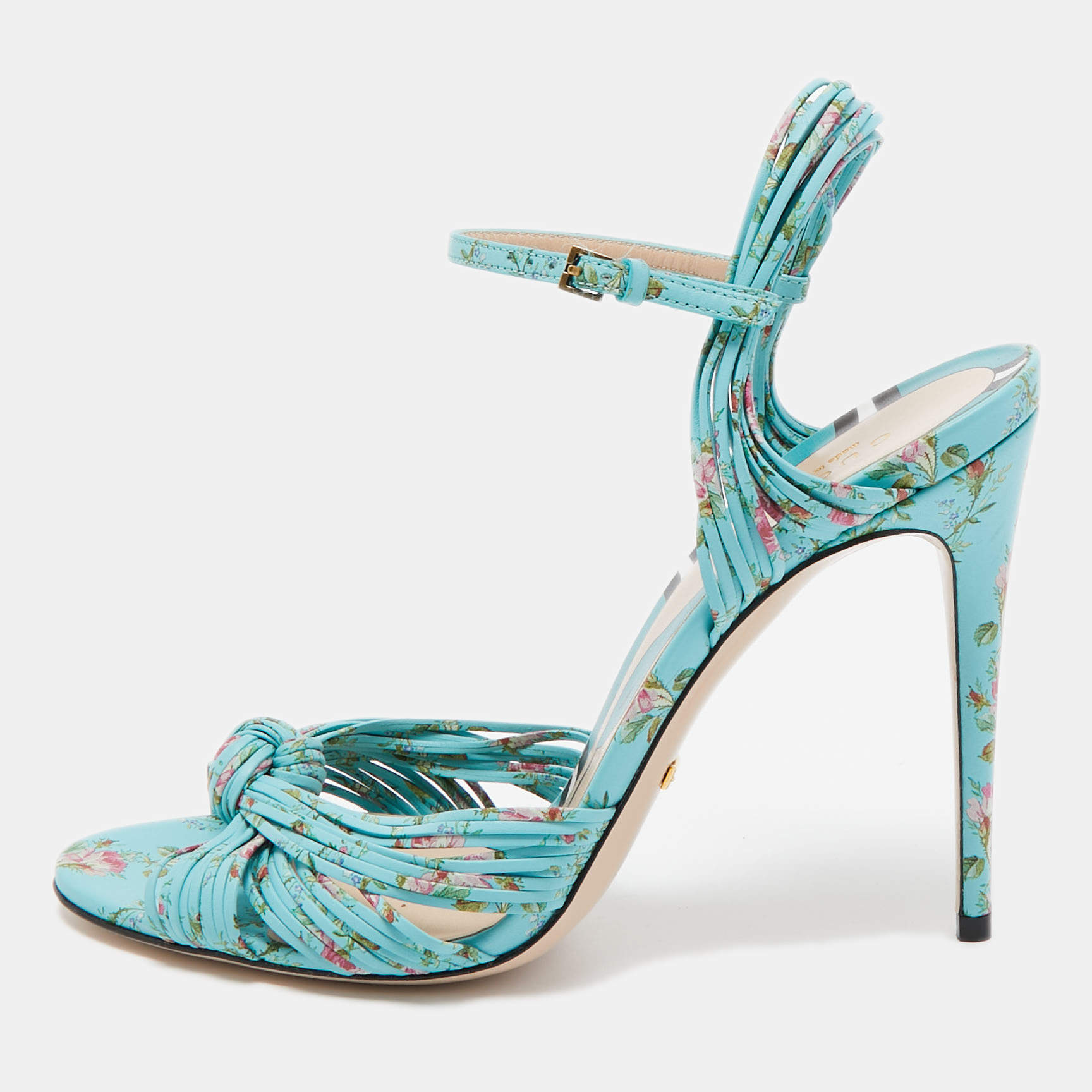 Pre Owned Gucci Blue Floral Print Leather Allie Sandals Size 40