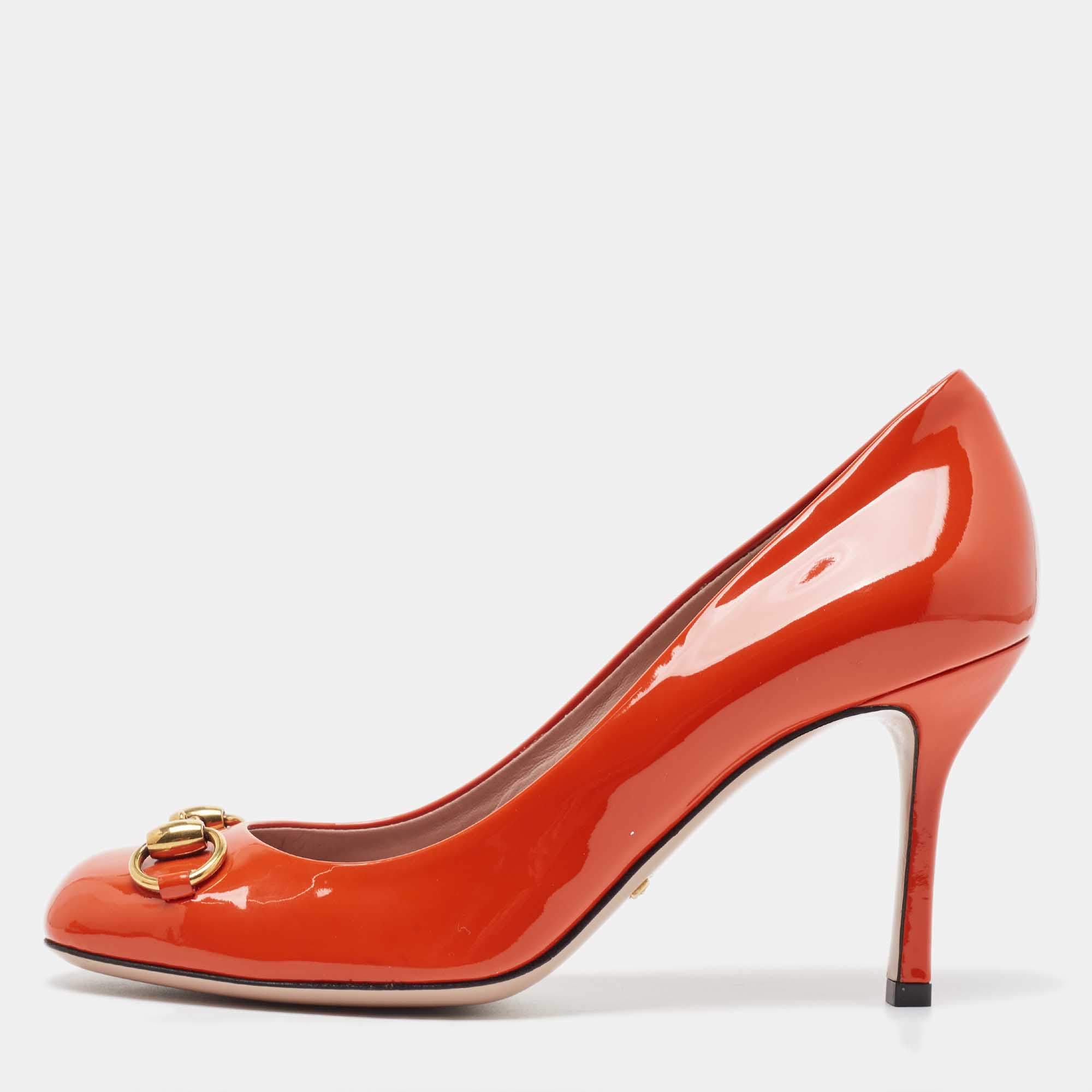 Gucci Orange Patent Leather Jolene Pumps Size 37.5