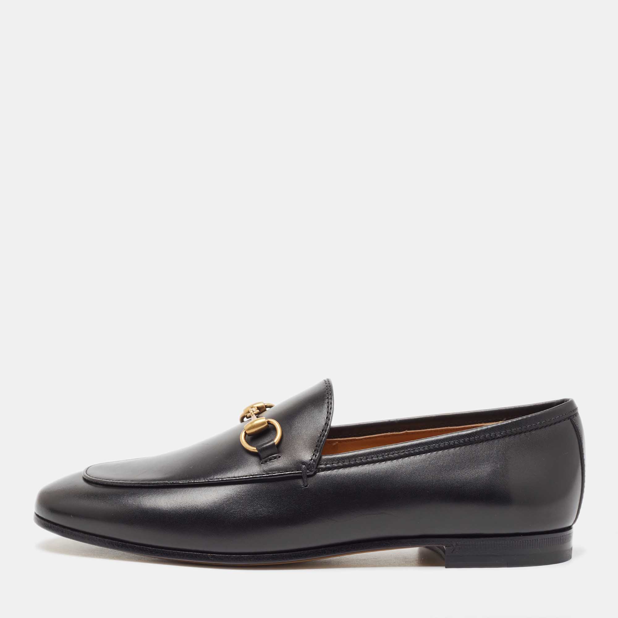 Gucci Black Leather Jordaan Horsebit Slip On Loafers Size 37
