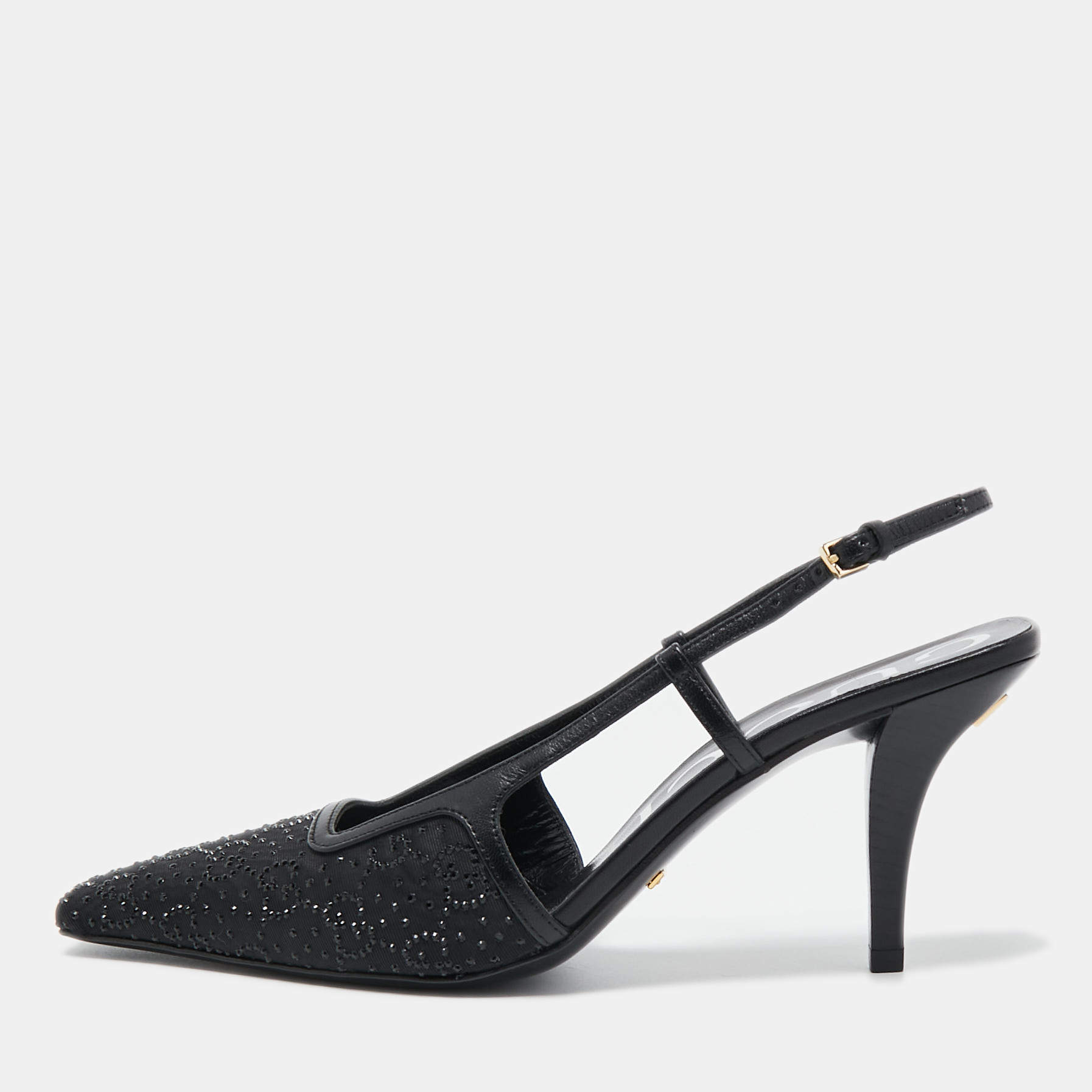 Pre Owned Gucci Black Fabric and Leather Malaga Kid Crystals Slingback Pumps Size 38