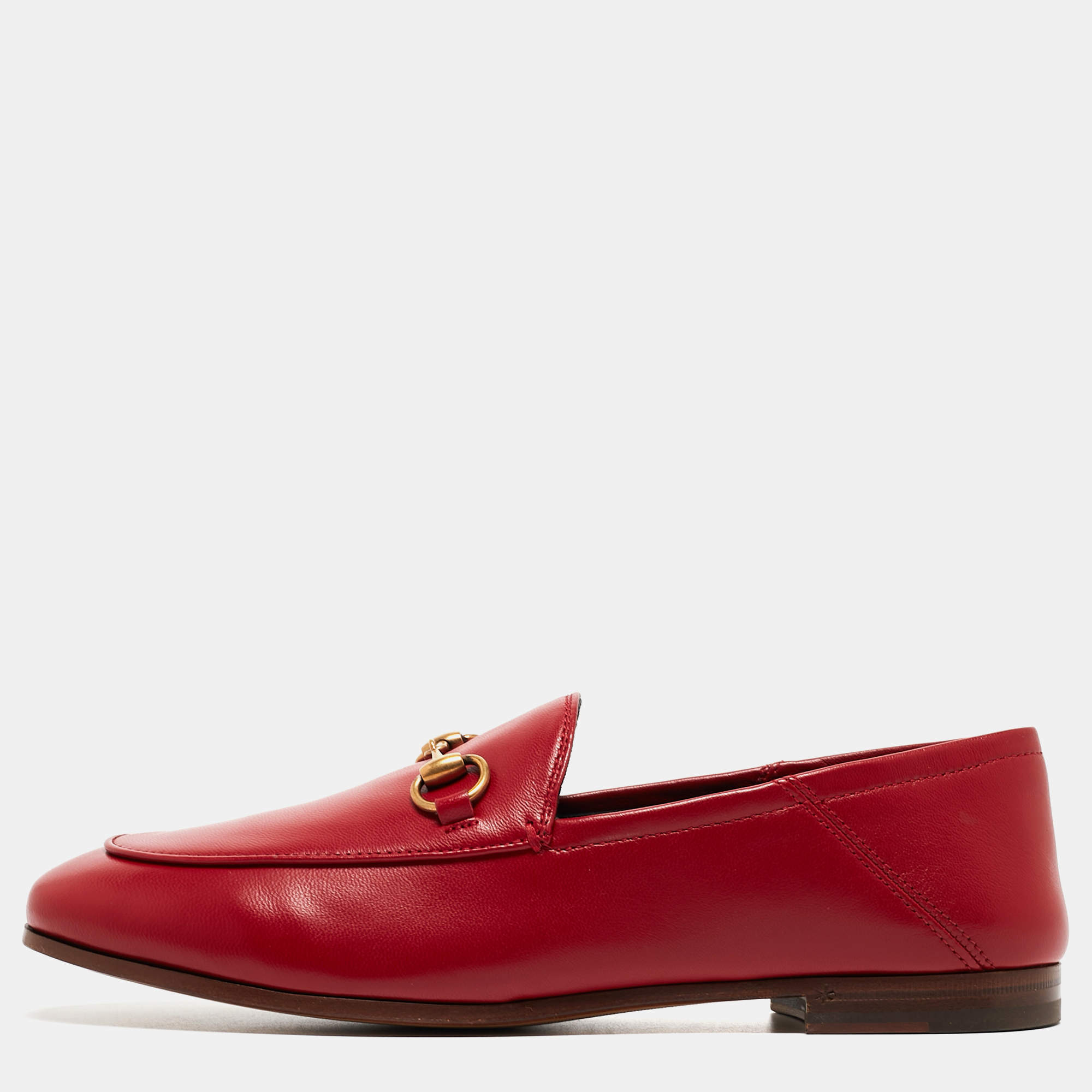 Pre Owned Gucci Red Leather Foldable  Horsebit Loafers Size 37
