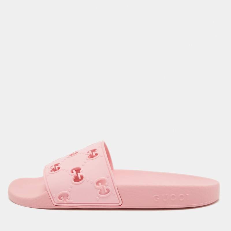 Gucci Pink Rubber GG Laser Cut Slides Size 39