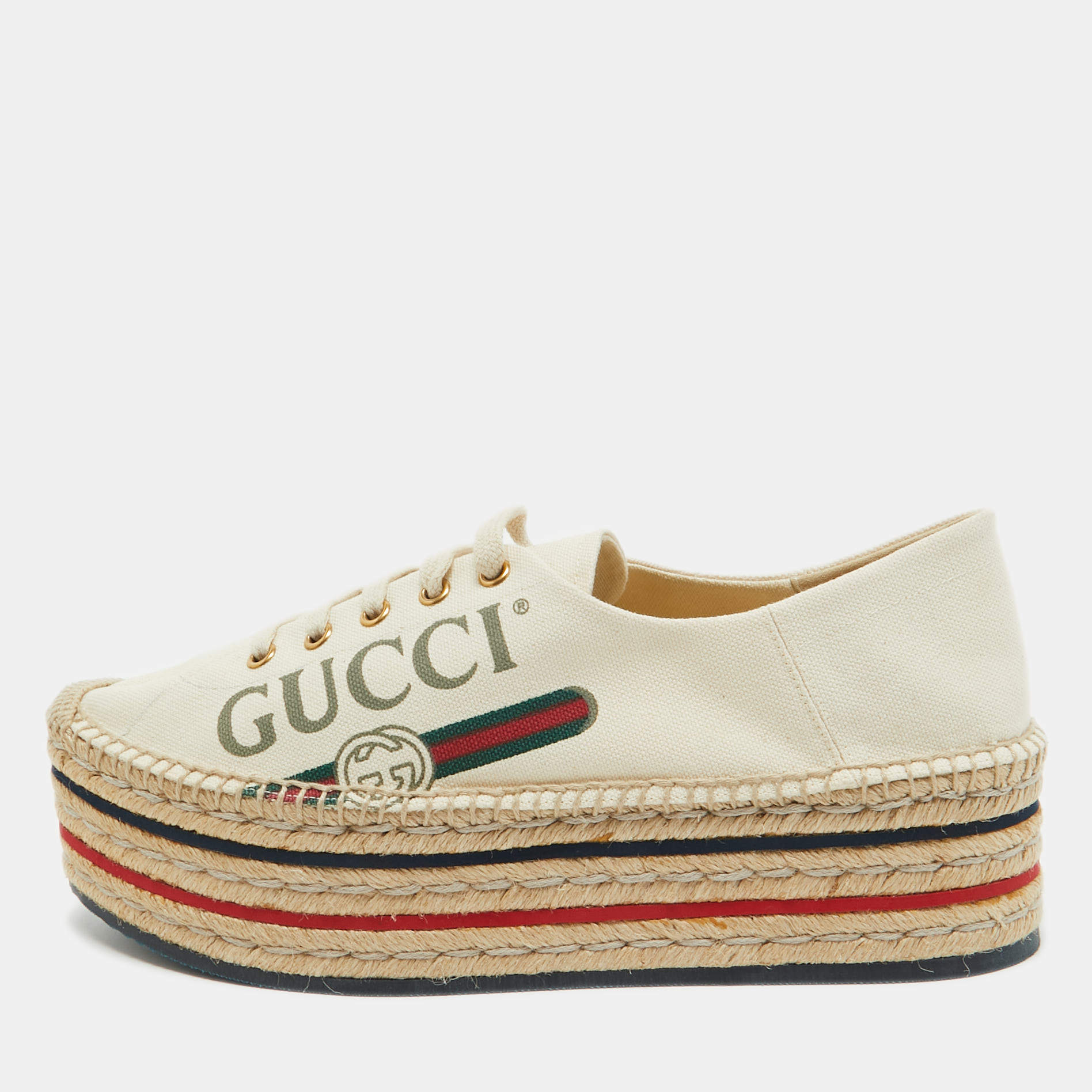 Gucci Cream Canvas Logo Print Espadrille Platform Sneakers Size 41