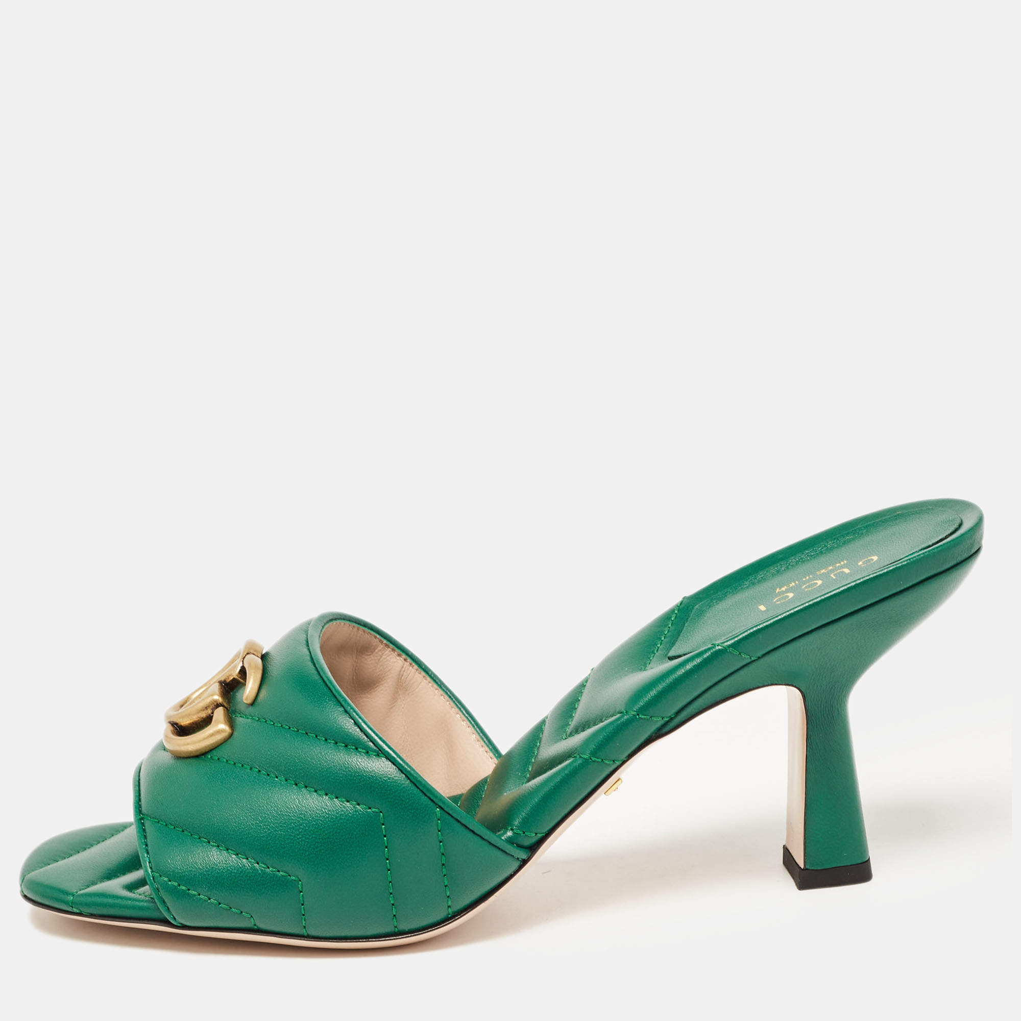 Gucci Green Matelassé Leather Double G Slide Sandals Size 39