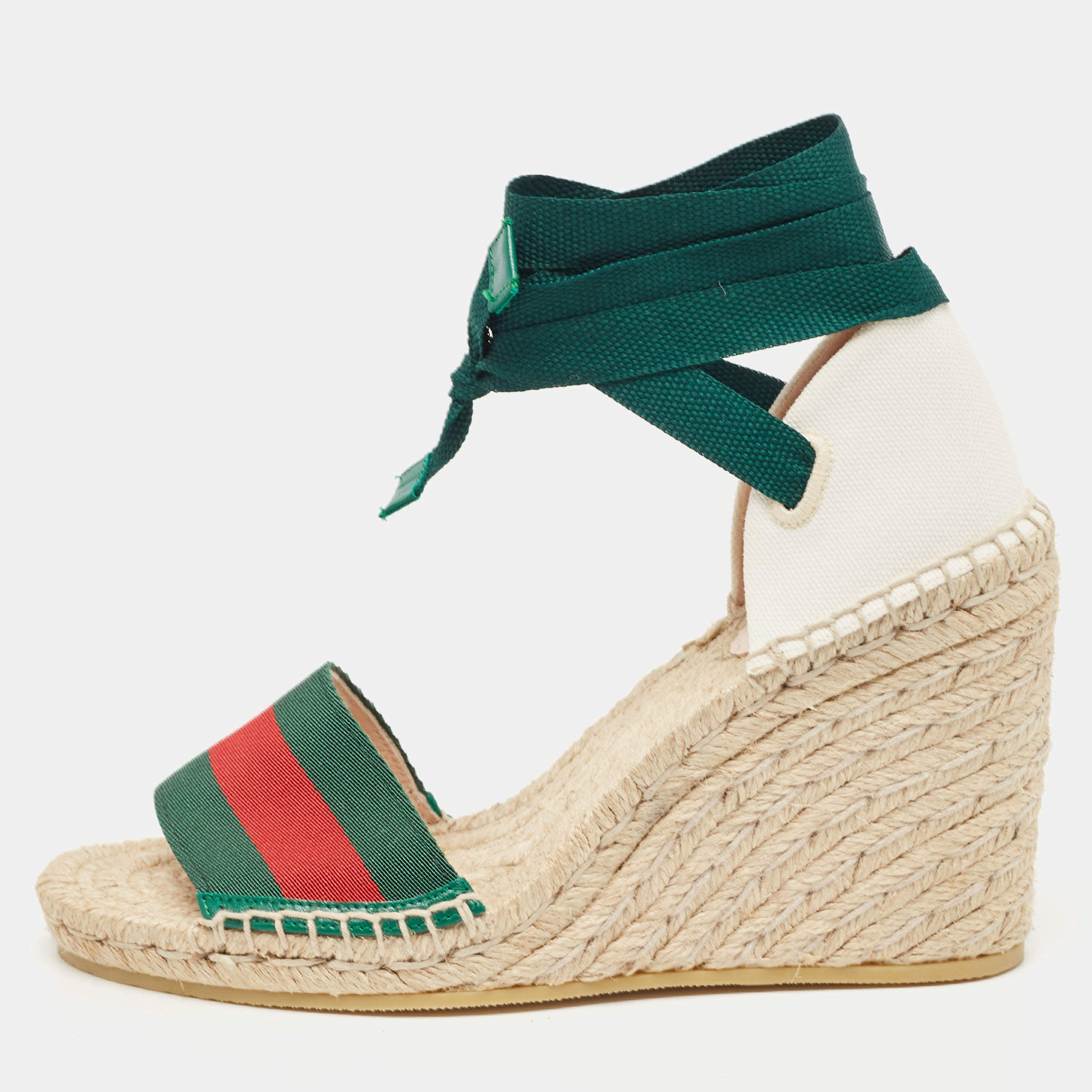 Pre Owned Gucci Multicolor Canvas Lilibeth Wedge Sandals Size 37.5