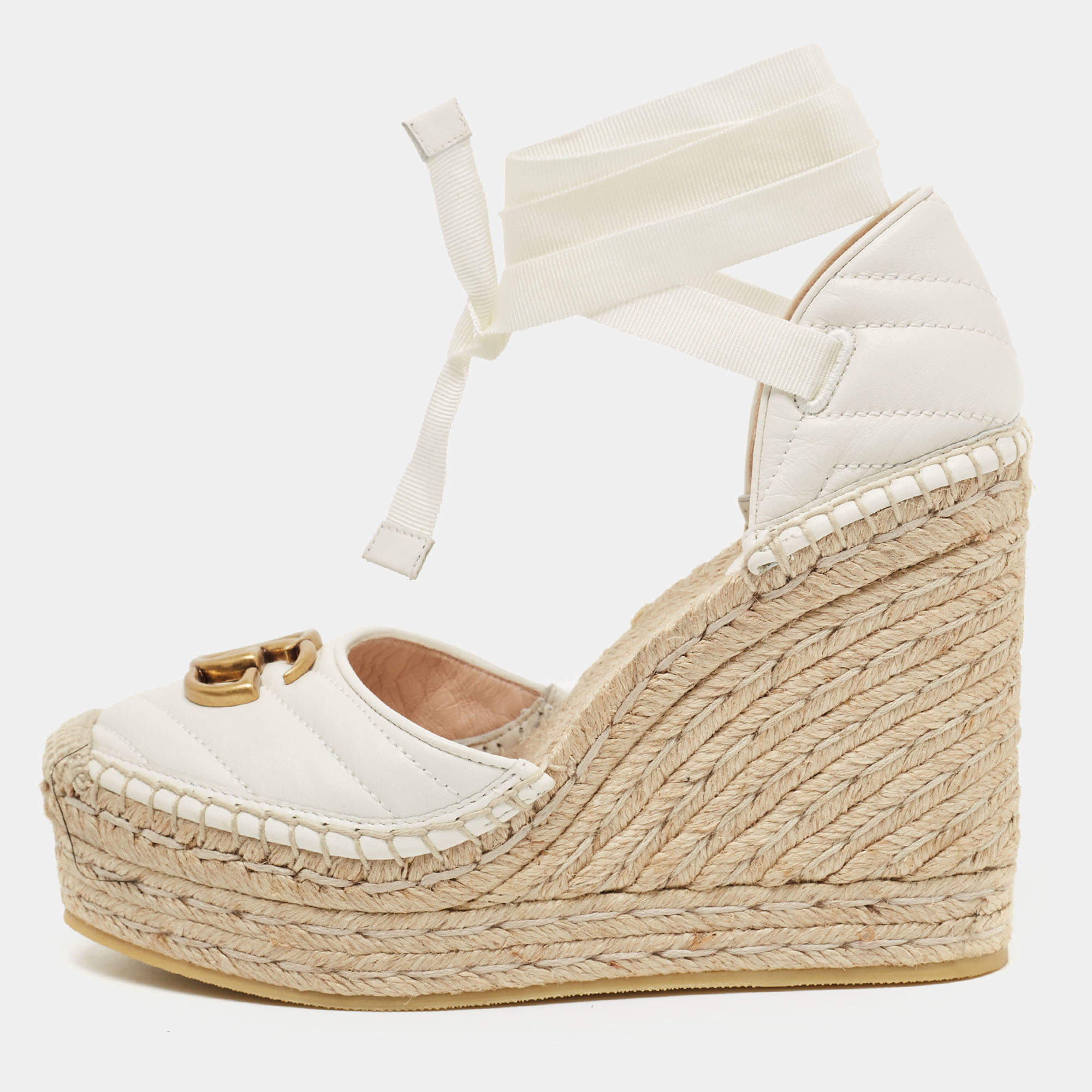 Gucci White Leather GG Marmont Wedge Sandals Size 37