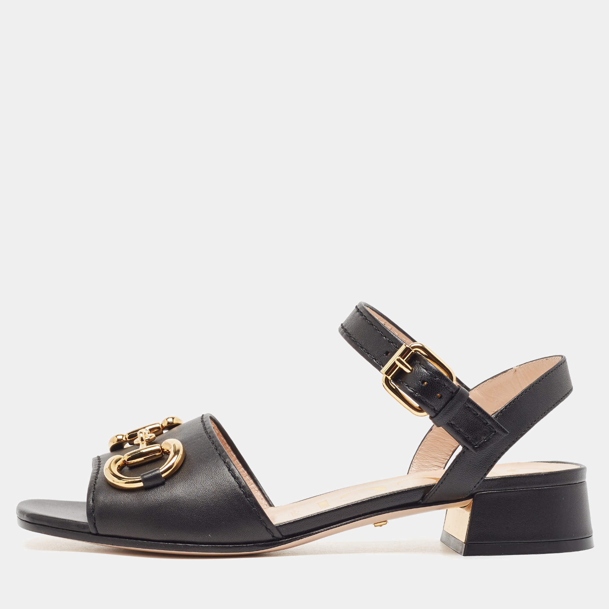 Pre Owned Gucci Black Leather Horsebit Ankle Strap Sandals Size 36.5