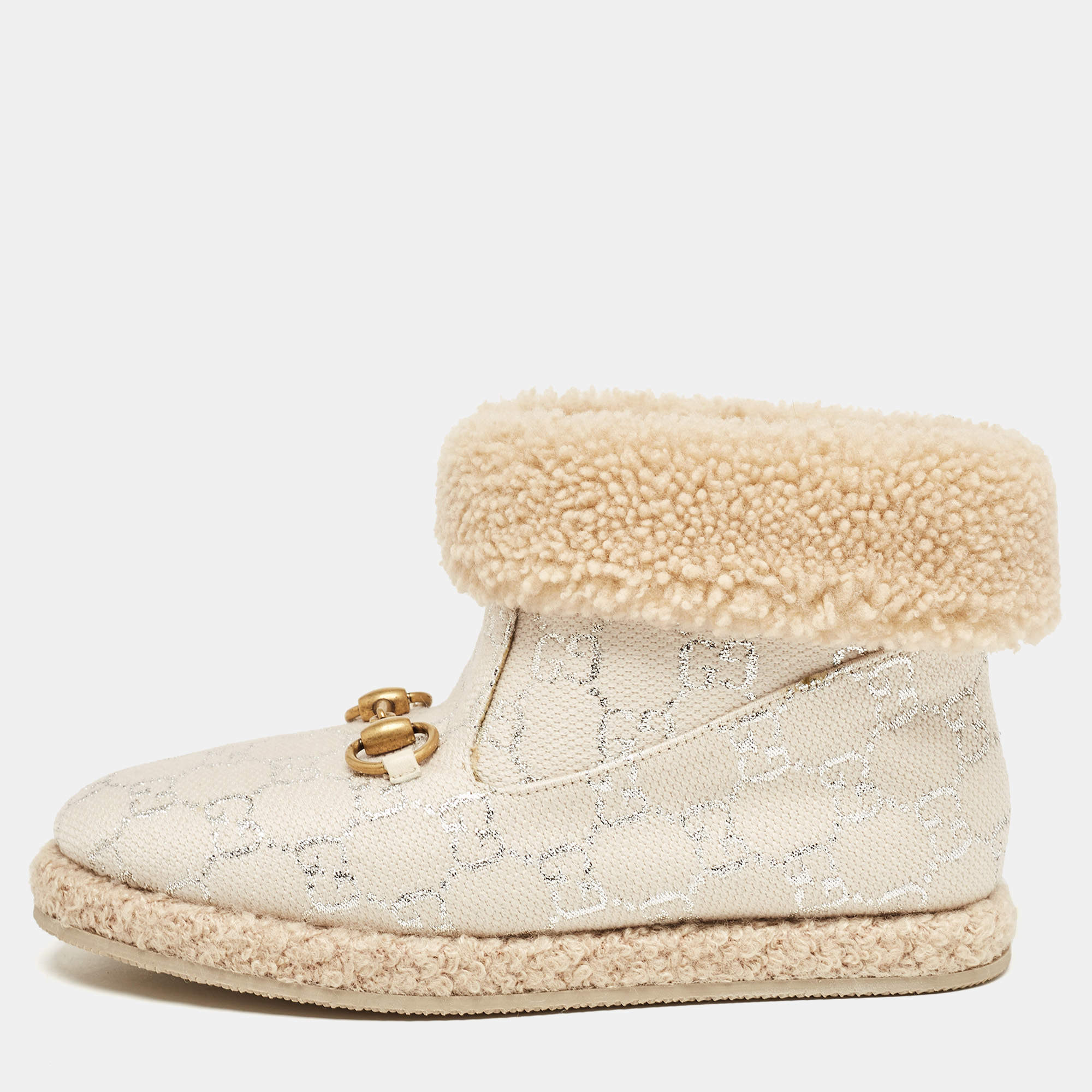 Pre Owned Gucci Cream/Silver Canvas and Shearling Fria Horsebit Ankle Boots Size 35.5