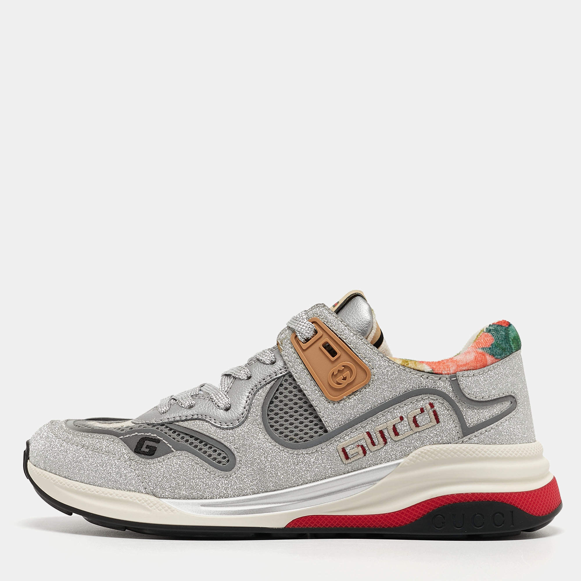 Gucci Silver/Grey Glitter and Mesh Ultrapace Sneakers Size 36.5