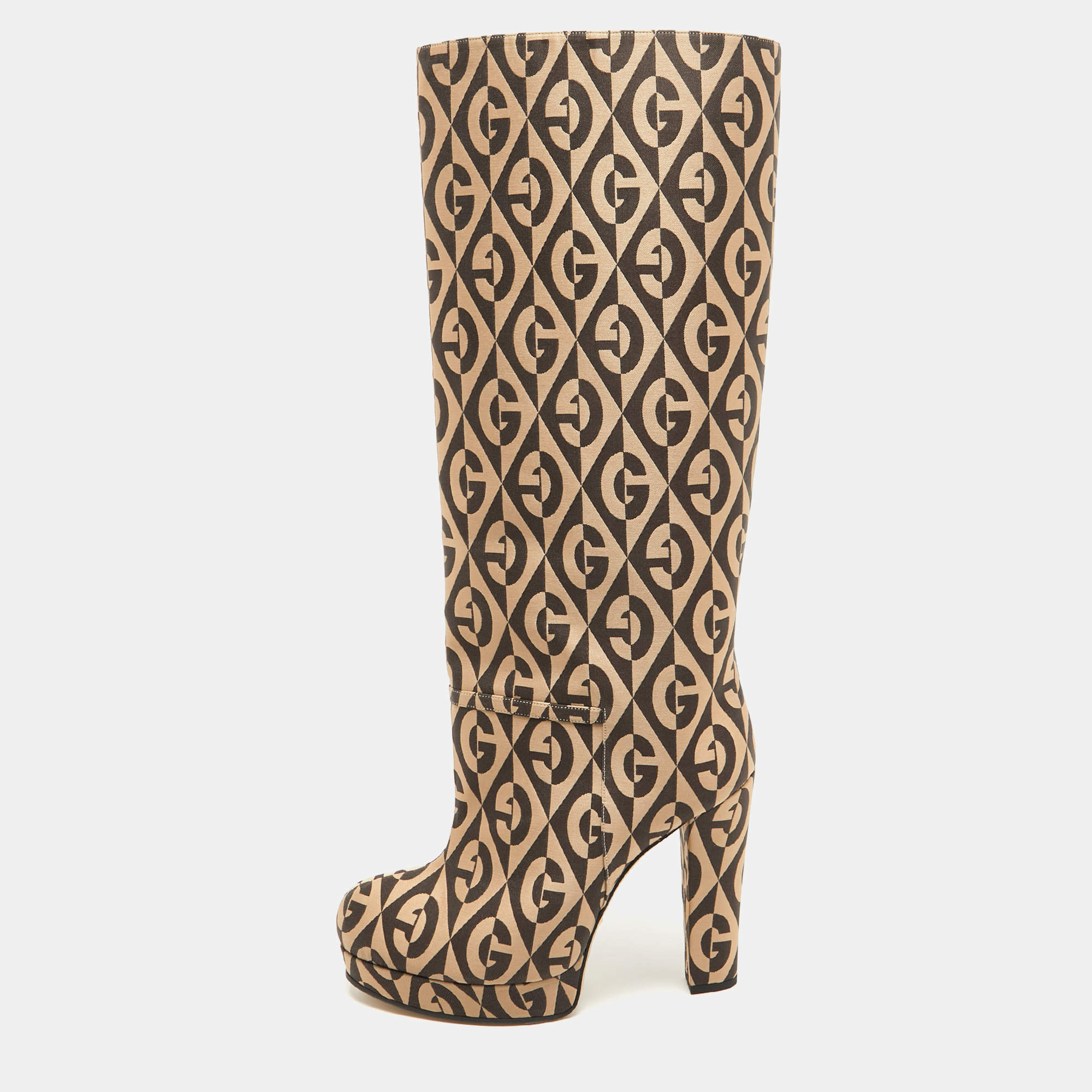 Gucci Beige/Brown Fabric Rhombus Knee Length Platform Boots Size 41
