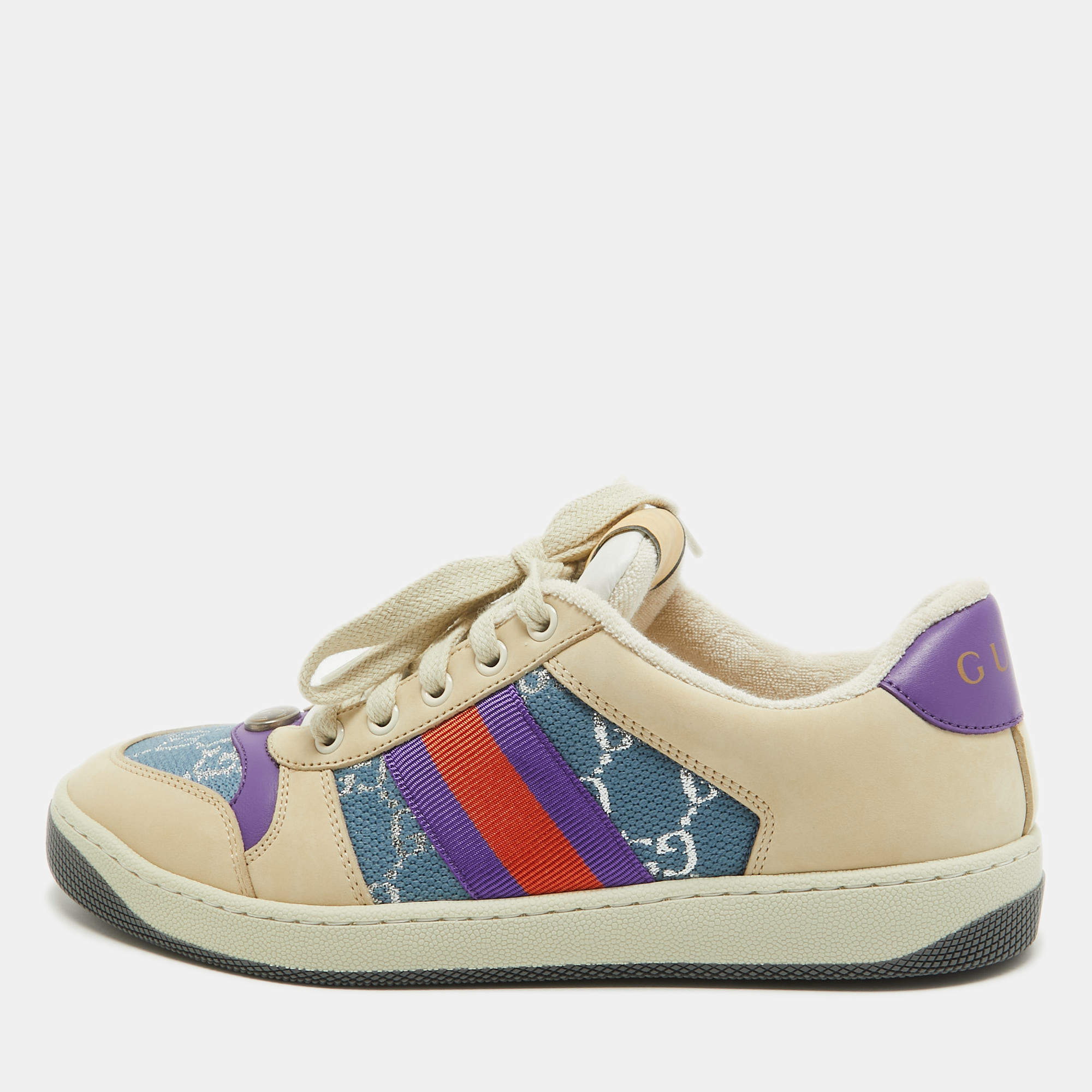 مملوكة مسبقًا Gucci Multicolor Leather and GG Canvas Screener Low Top Sneakers Size 38.5