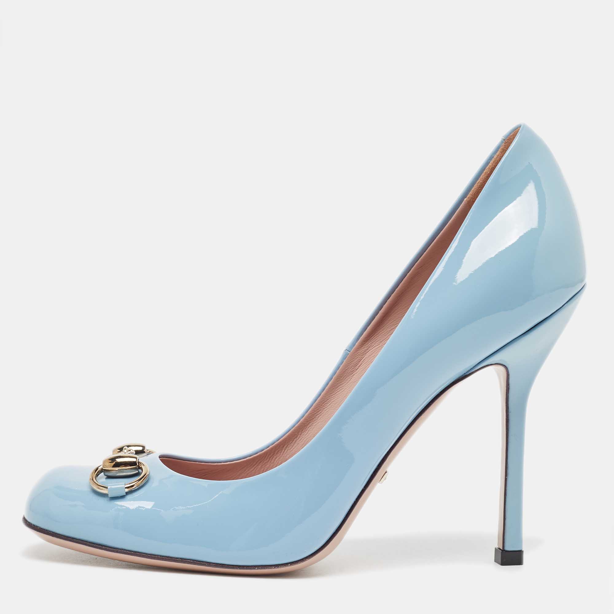 Pre Owned Gucci Blue Patent Leather Jolene Horsebit Square Toe Pumps Size 37