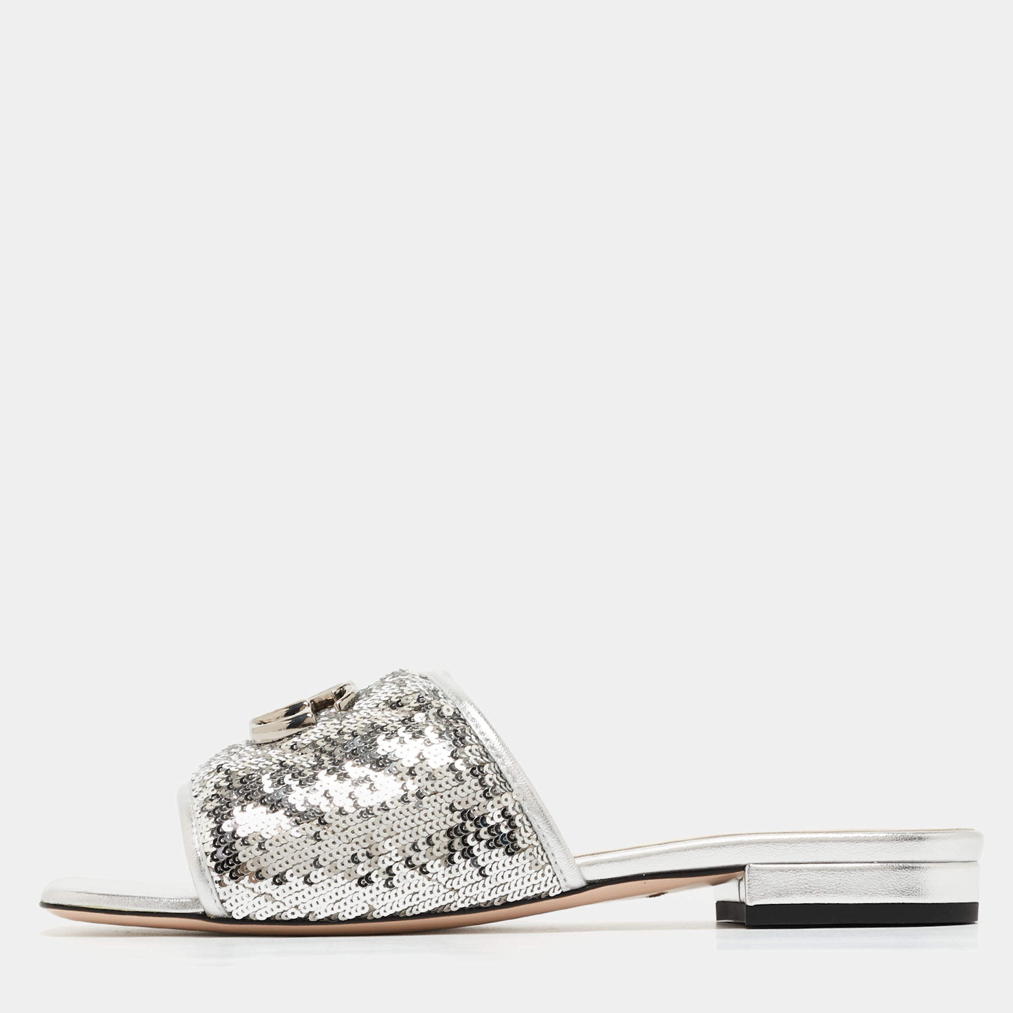 Gucci Silver Leather and Sequins Double G  Flat Slides Size 37.5