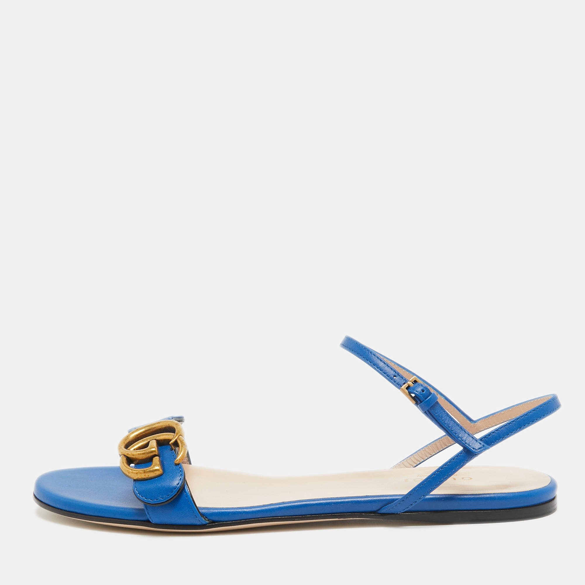 Gucci Blue Leather GG Marmont Flat Slides Size 37