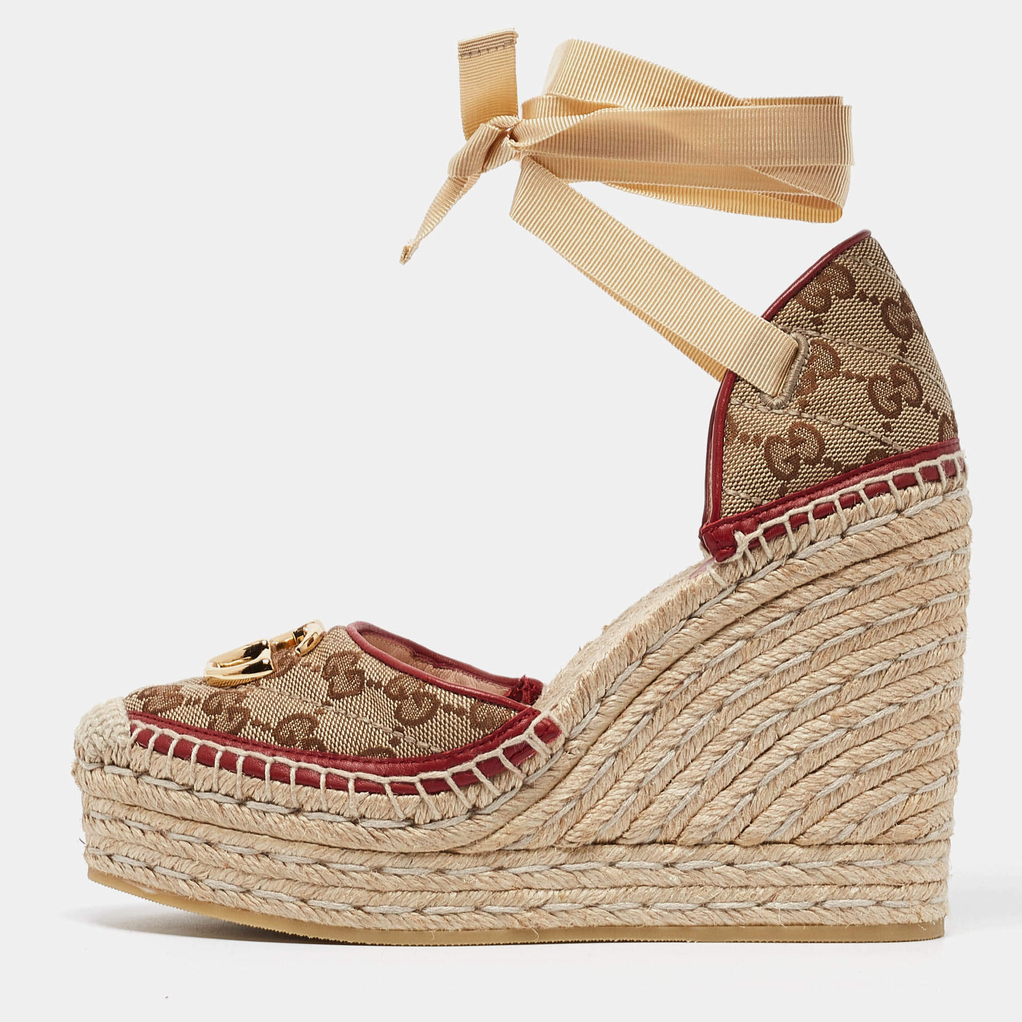 Pre Owned .Gucci Brown/Beige GG Canvas Pilar Wedge Platform Espadrille Ankle Wrap Pumps Size 36