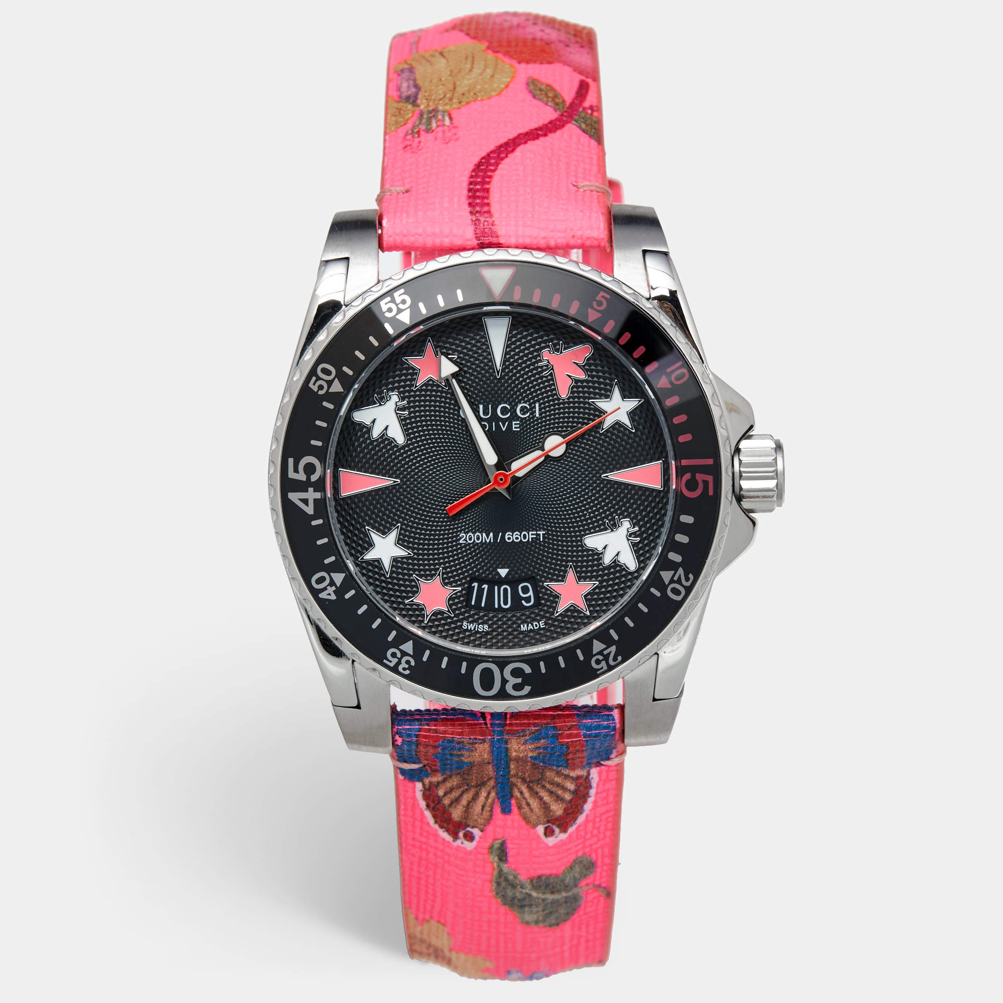Gucci Black Stainless Steel Floral Print Calfskin Leather Dive YA136326 Women's Wristwatch 40 mm