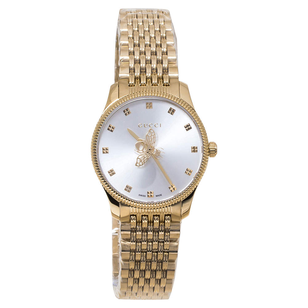 Gucci Silver Yellow Gold PVD Coated Stainless Steel G-Timeless YA1265021 Women's Wristwatch 29 mm