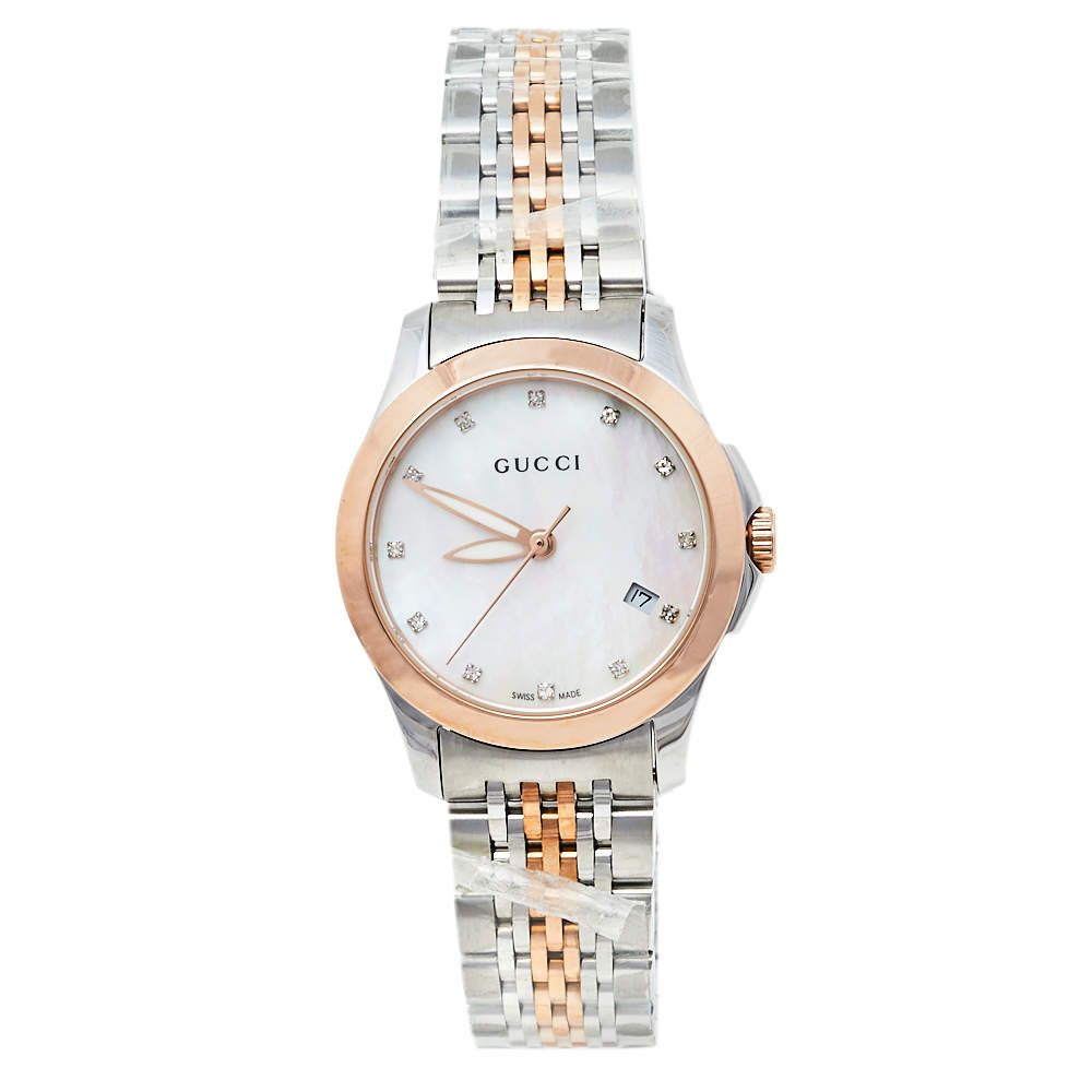 Gucci Mother Of Pearl Two-Tone Stainless Steel Diamonds G-Timeless YA126514 Women's Wristwatch 27 mm