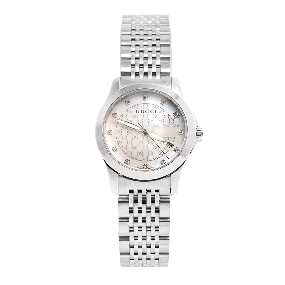 Gucci Mother of Pearl Stainless Steel Diamonds G-Timeless 126.5 Women's Wristwatch 27 mm