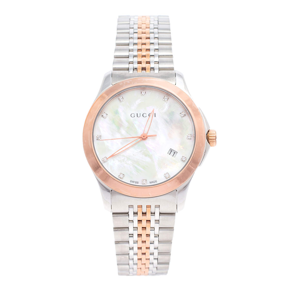 Pre Owned Gucci Mother of Pearl Two Tone Stainless Steel YA126514 Women's Wristwatch 38 mm