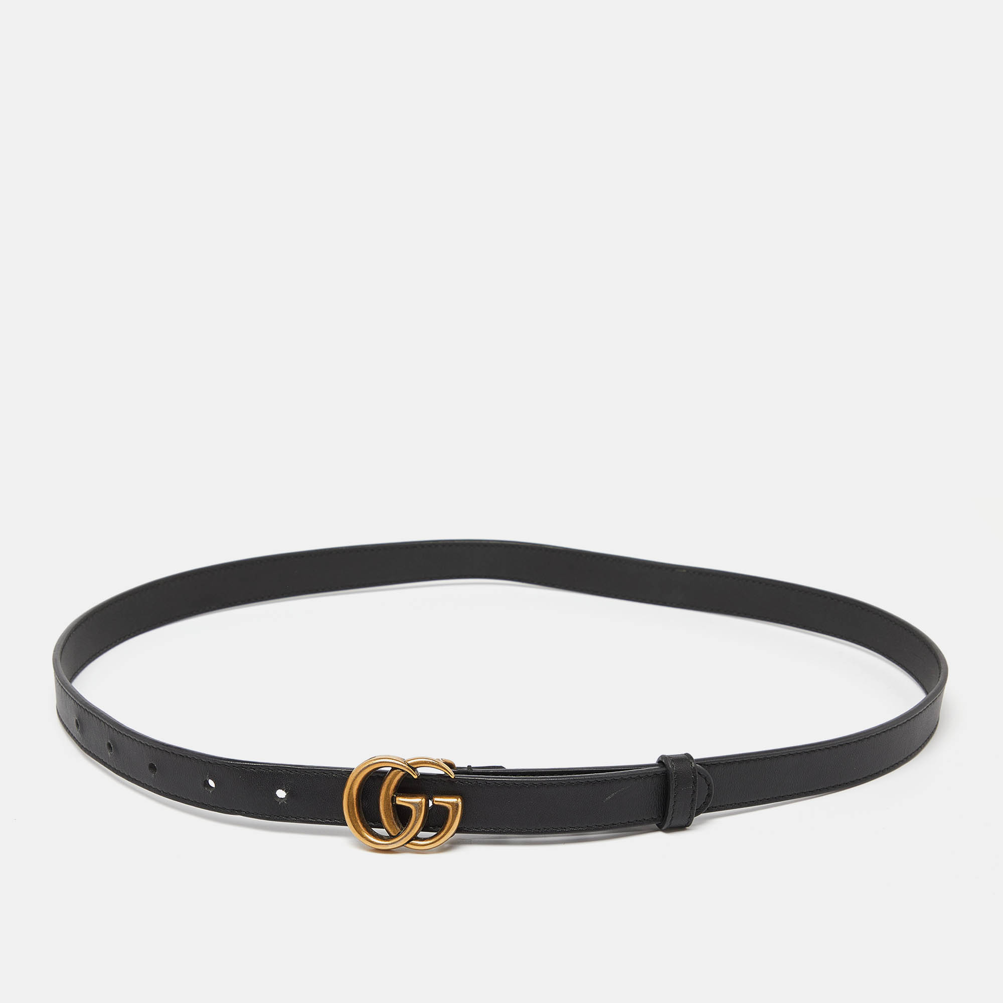 Pre Owned Gucci Black Leather GG Marmont Slim Belt 85CM