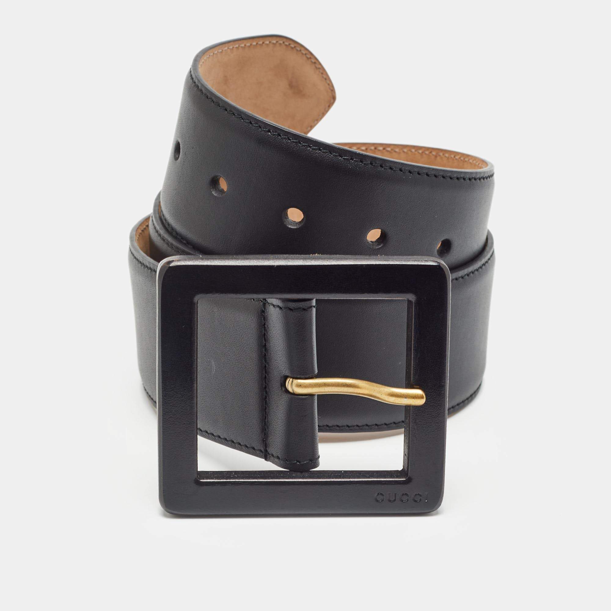 Pre Owned Gucci Black Leather Buckle Wide Belt 75CM