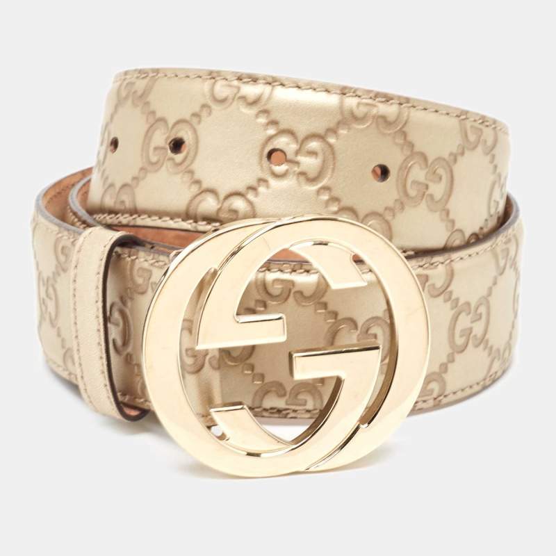 Pre Owned Gucci Gold Guccissima Leather Interlocking G Buckle Belt 80 CM