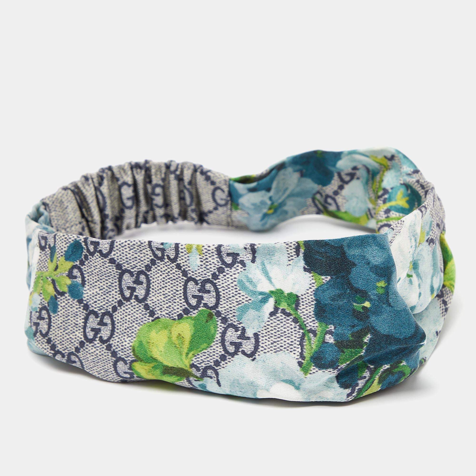 Pre Owned Gucci Blue GG Blooms Print Silk Headband