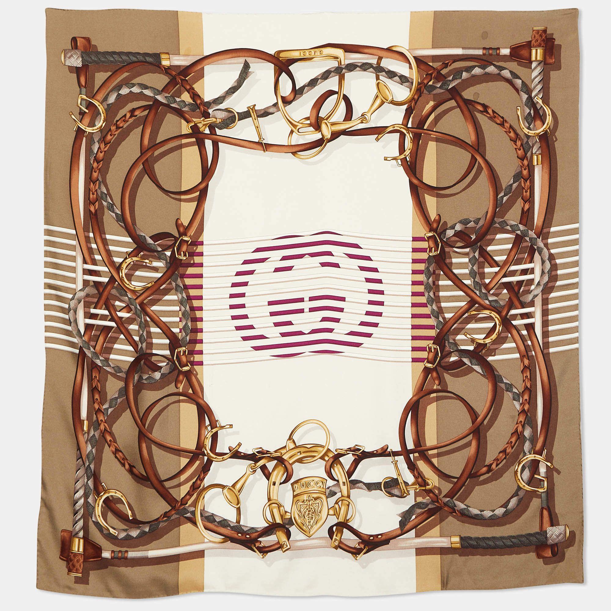 Pre Owned Gucci Brown GG Stirrup Print Silk Scarf