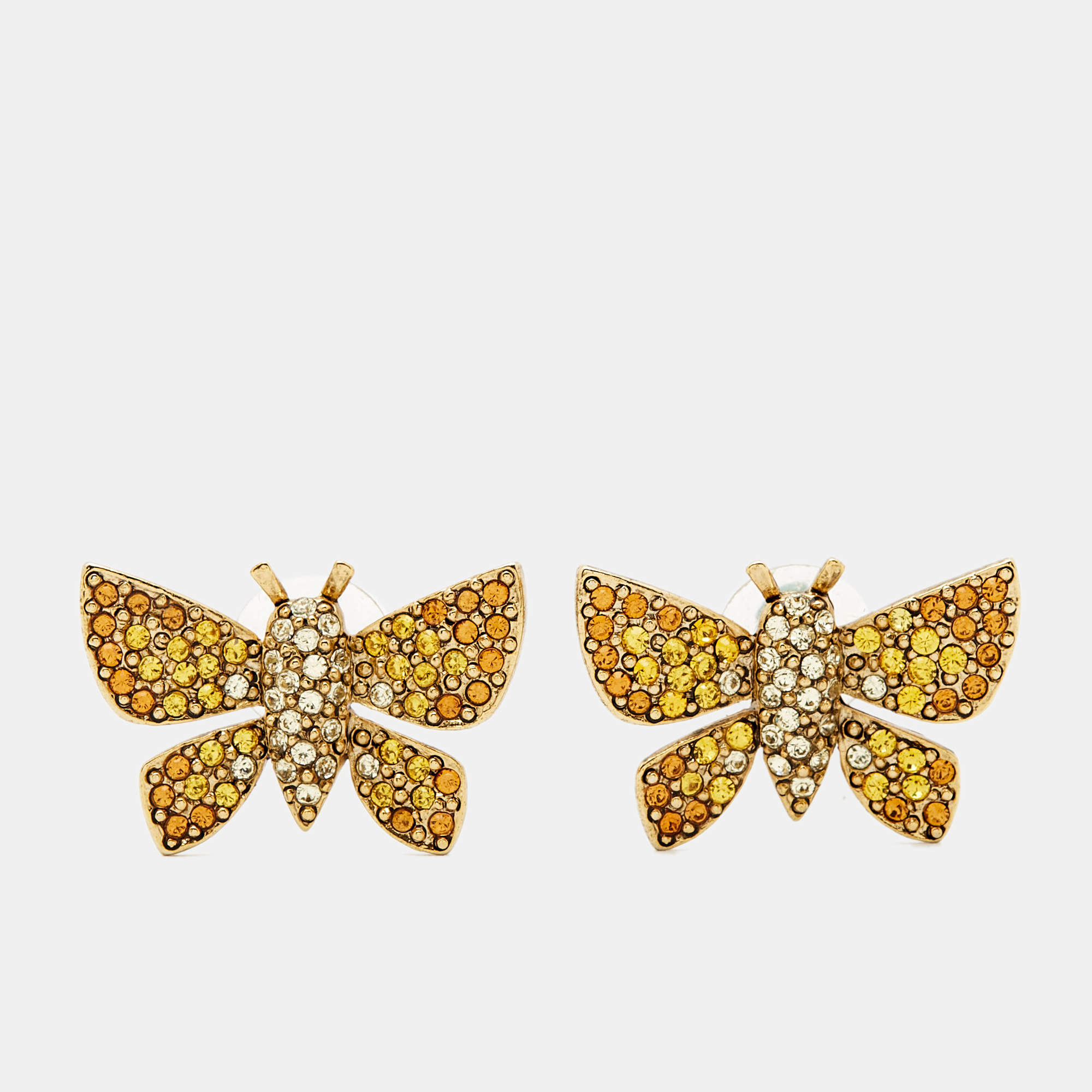 Pre Owned Oscar de la Renta Butterfly Crystal Gold Tone Earrings